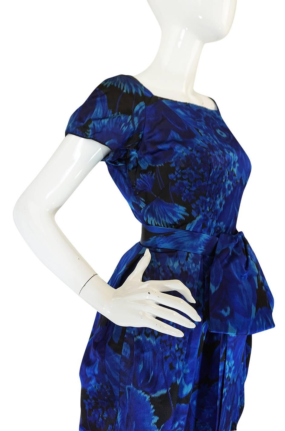 1950s Deep Blue Floral Demi-Couture Level Silk Dress 3