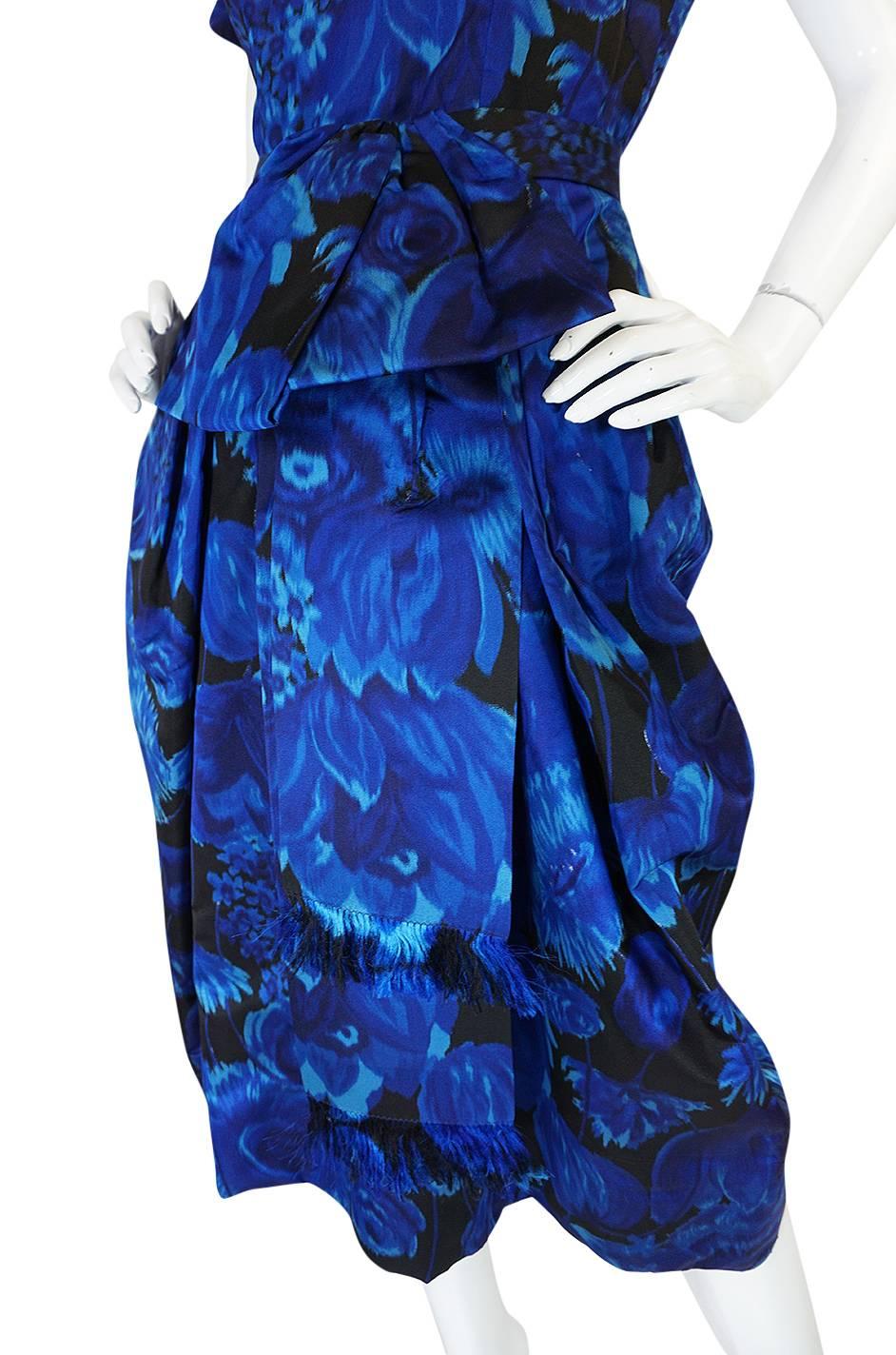1950s Deep Blue Floral Demi-Couture Level Silk Dress 2