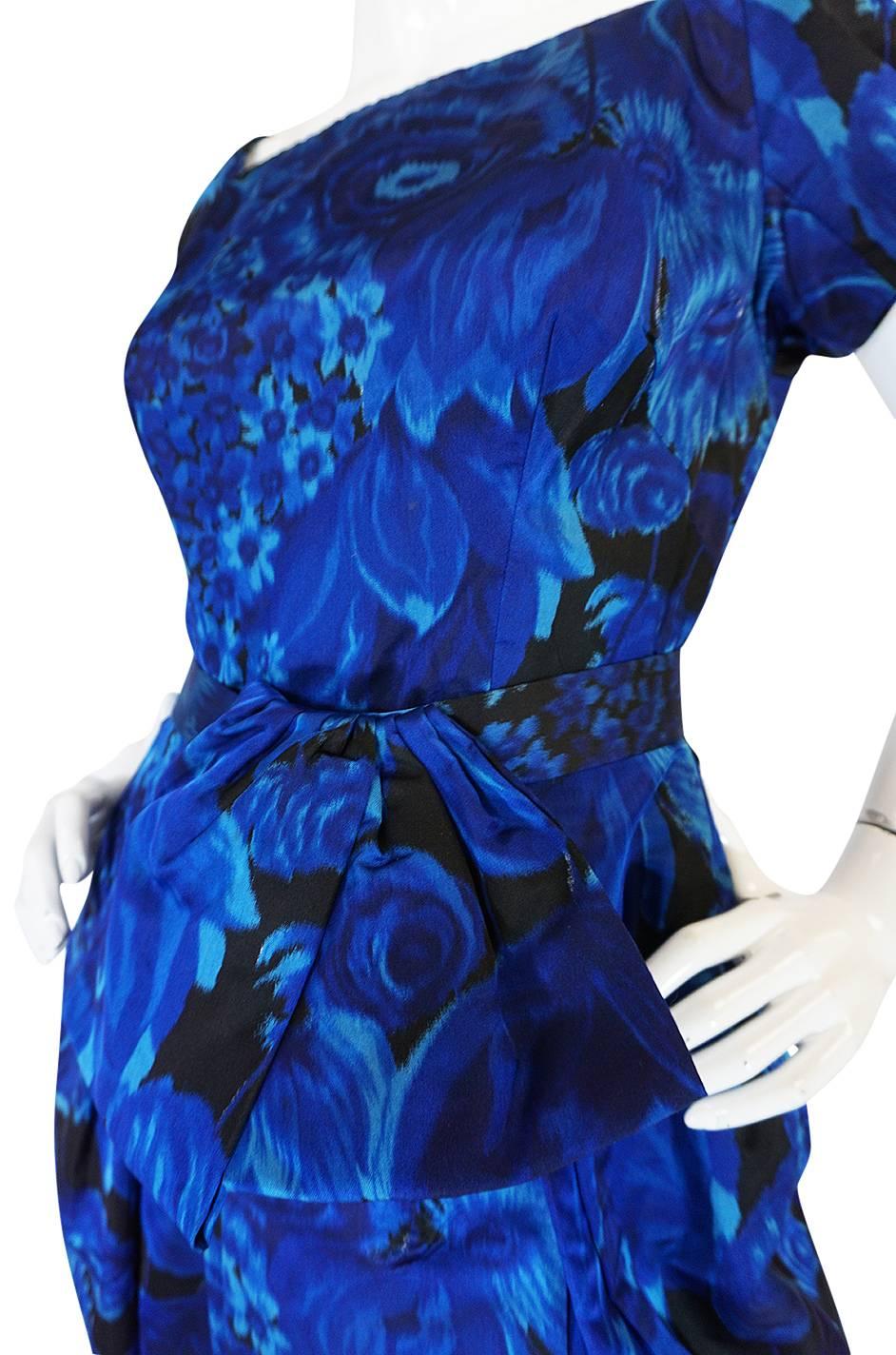 1950s Deep Blue Floral Demi-Couture Level Silk Dress 4