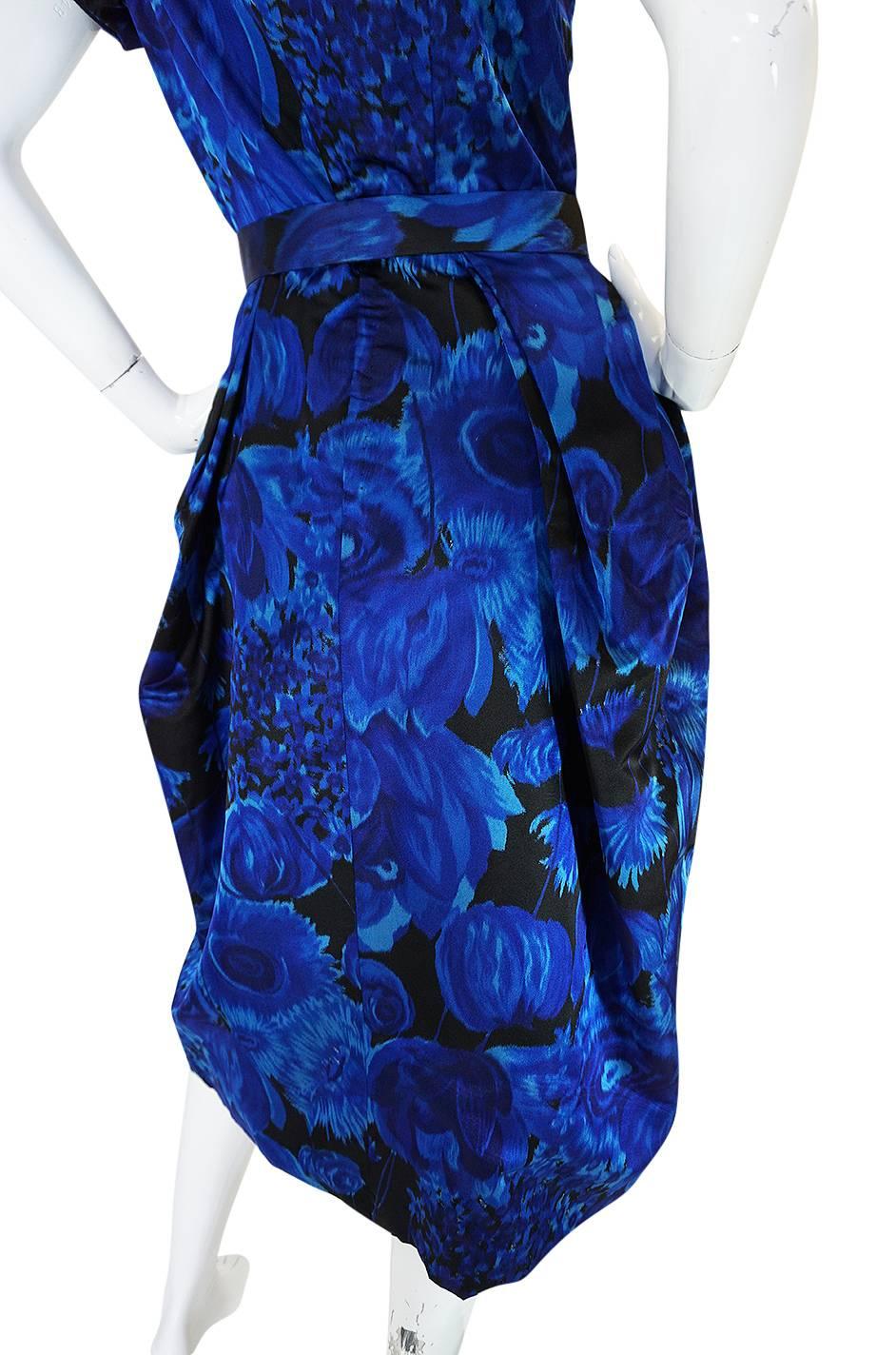 1950s Deep Blue Floral Demi-Couture Level Silk Dress 5