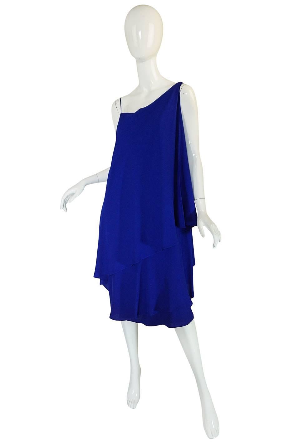 1980-82 Ruffled Halston Spiral Dress in Royal Blue Silk In Excellent Condition In Rockwood, ON
