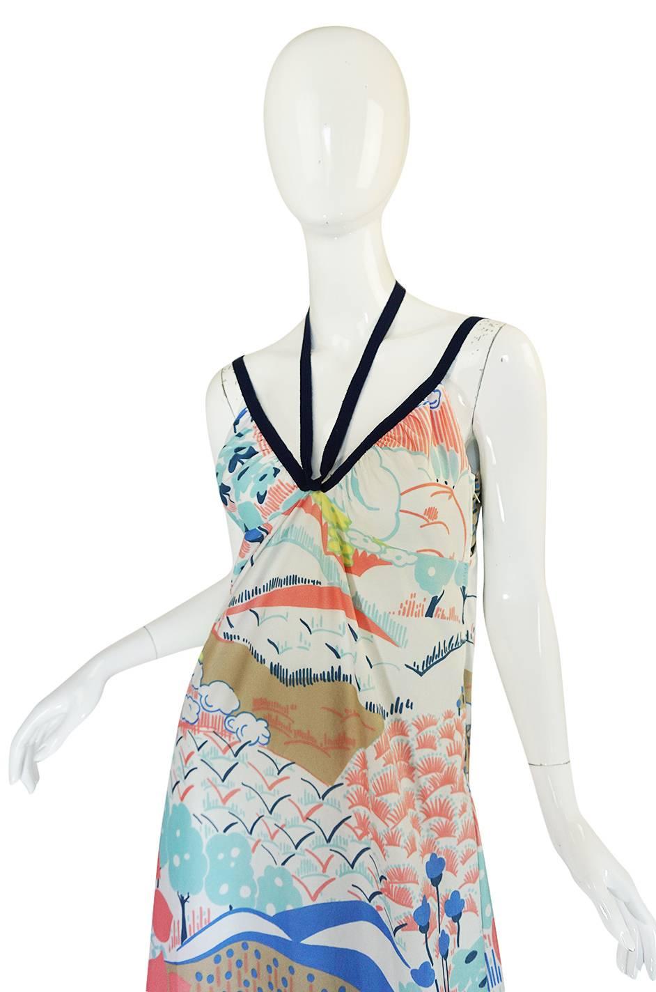Women's 1970s Lanvin Pastel Scenic Printed Jersey Maxi Dress