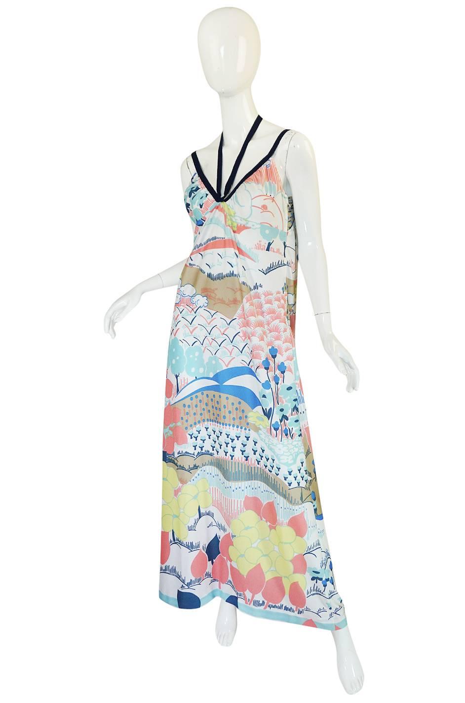 Gray 1970s Lanvin Pastel Scenic Printed Jersey Maxi Dress