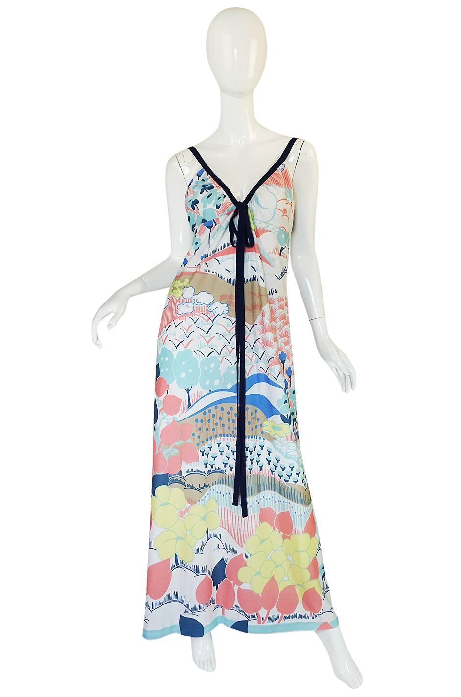 1970s Lanvin Pastel Scenic Printed Jersey Maxi Dress In Excellent Condition In Rockwood, ON
