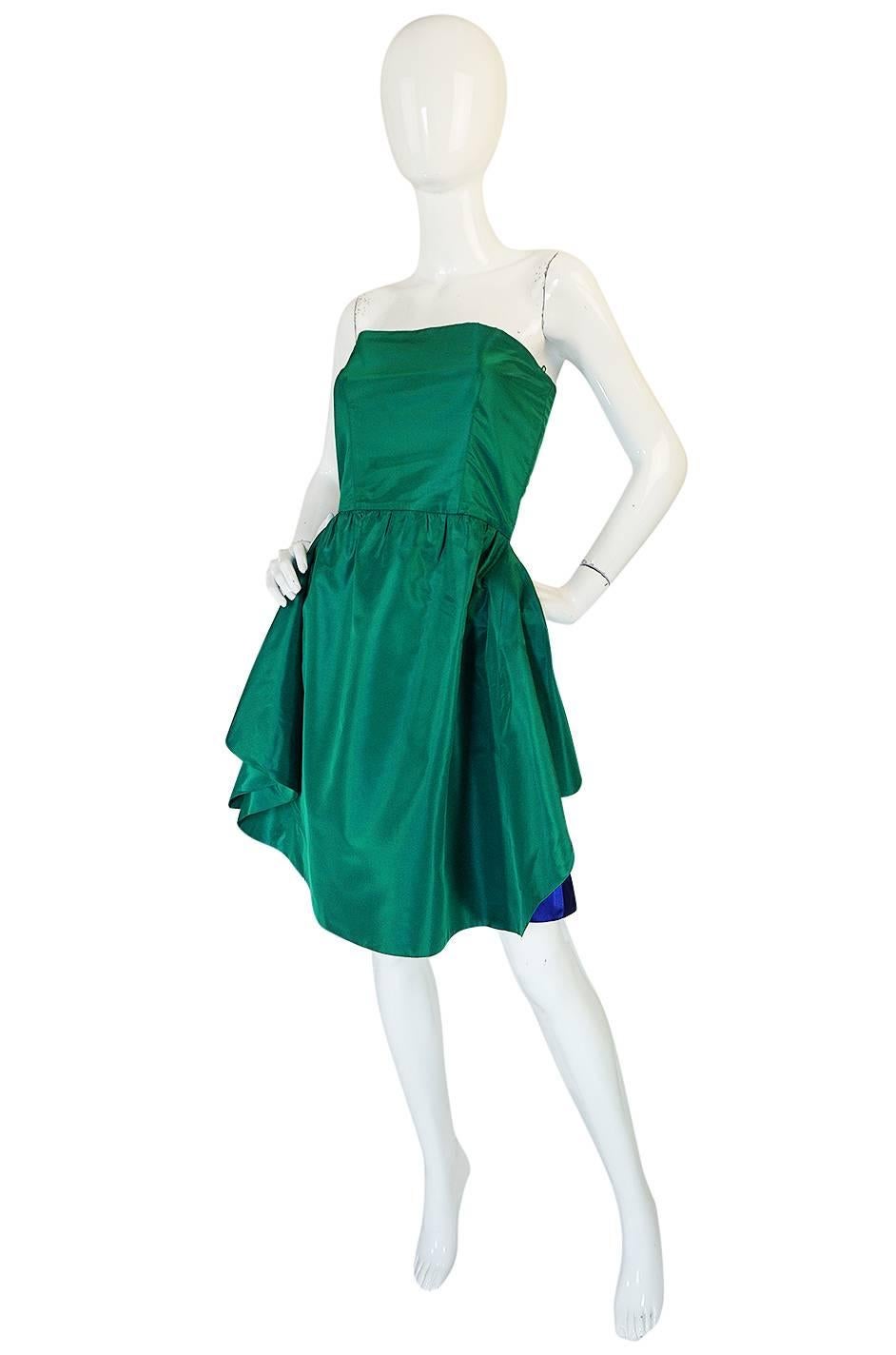1980s Numbered Lanvin Brilliant Green & Blue Silk Dress In Excellent Condition In Rockwood, ON