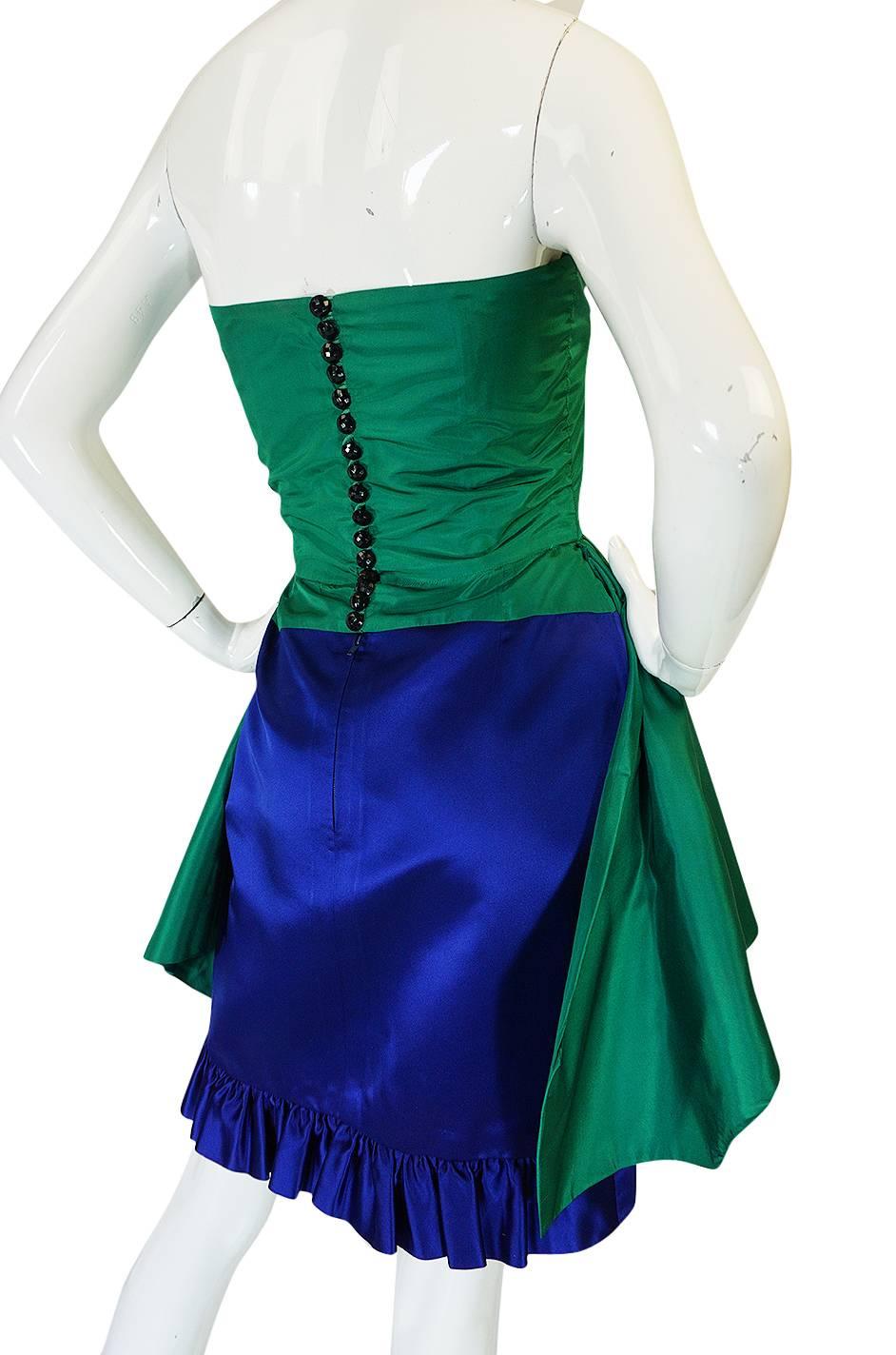1980s Numbered Lanvin Brilliant Green & Blue Silk Dress 3