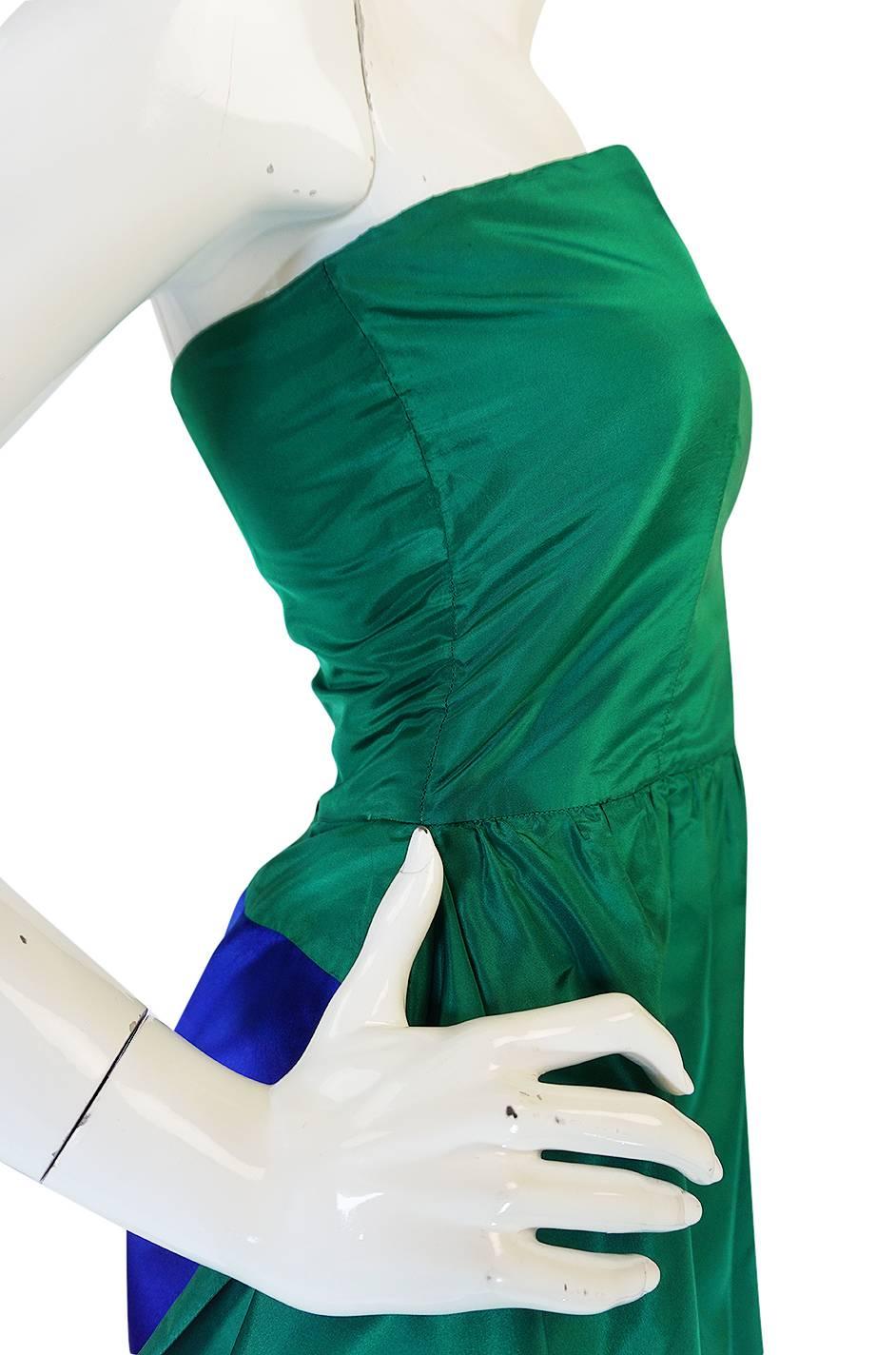 1980s Numbered Lanvin Brilliant Green & Blue Silk Dress 4