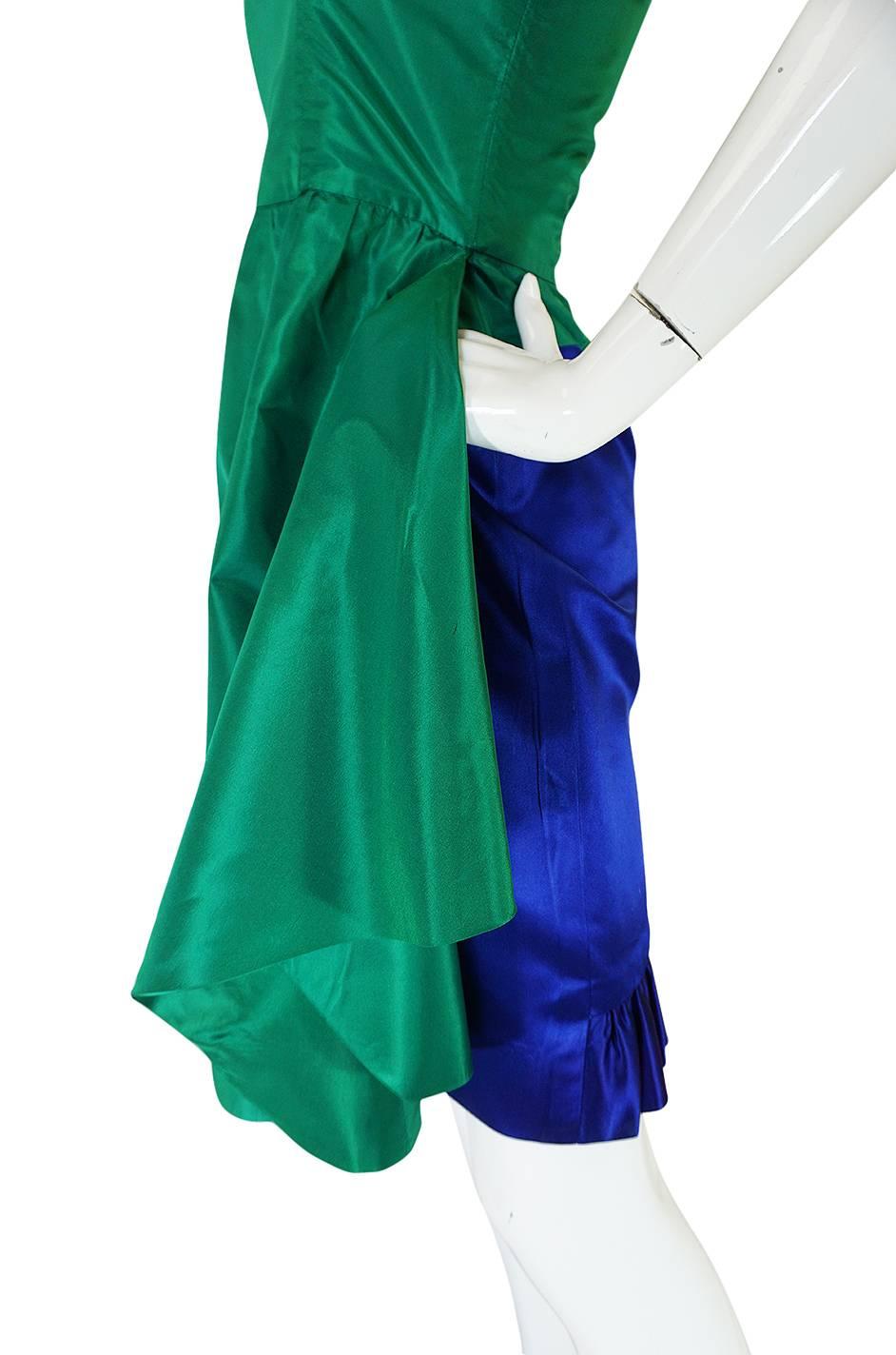 1980s Numbered Lanvin Brilliant Green & Blue Silk Dress 1