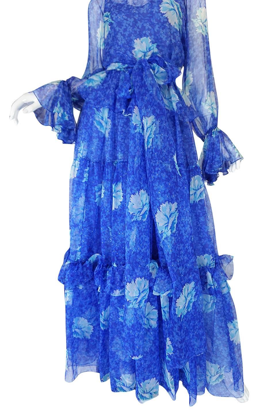 1970s Blue Tiered Floral Silk Chiffon Oscar de la Renta Dress In Excellent Condition In Rockwood, ON