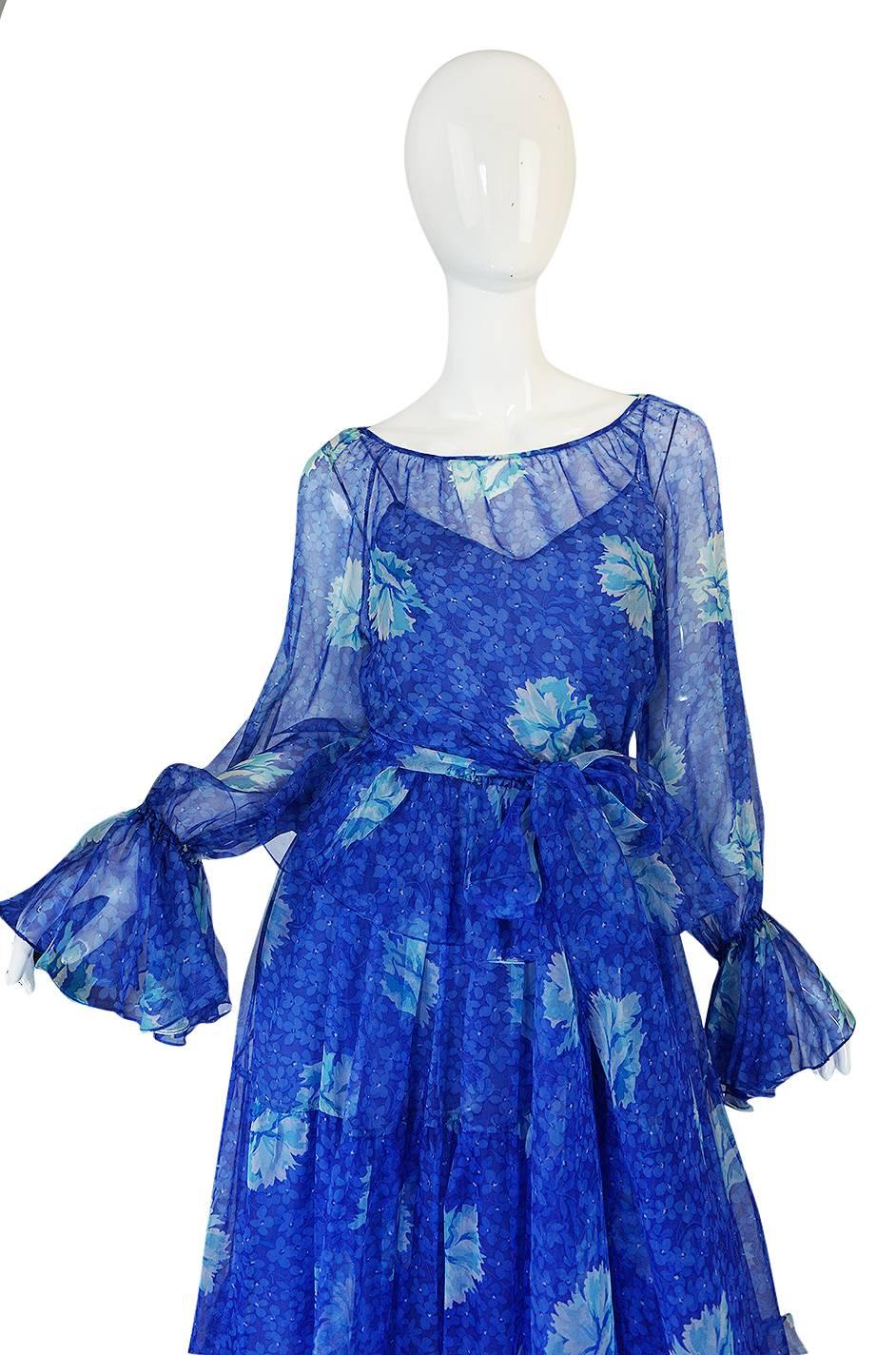 1970s Blue Tiered Floral Silk Chiffon Oscar de la Renta Dress 3
