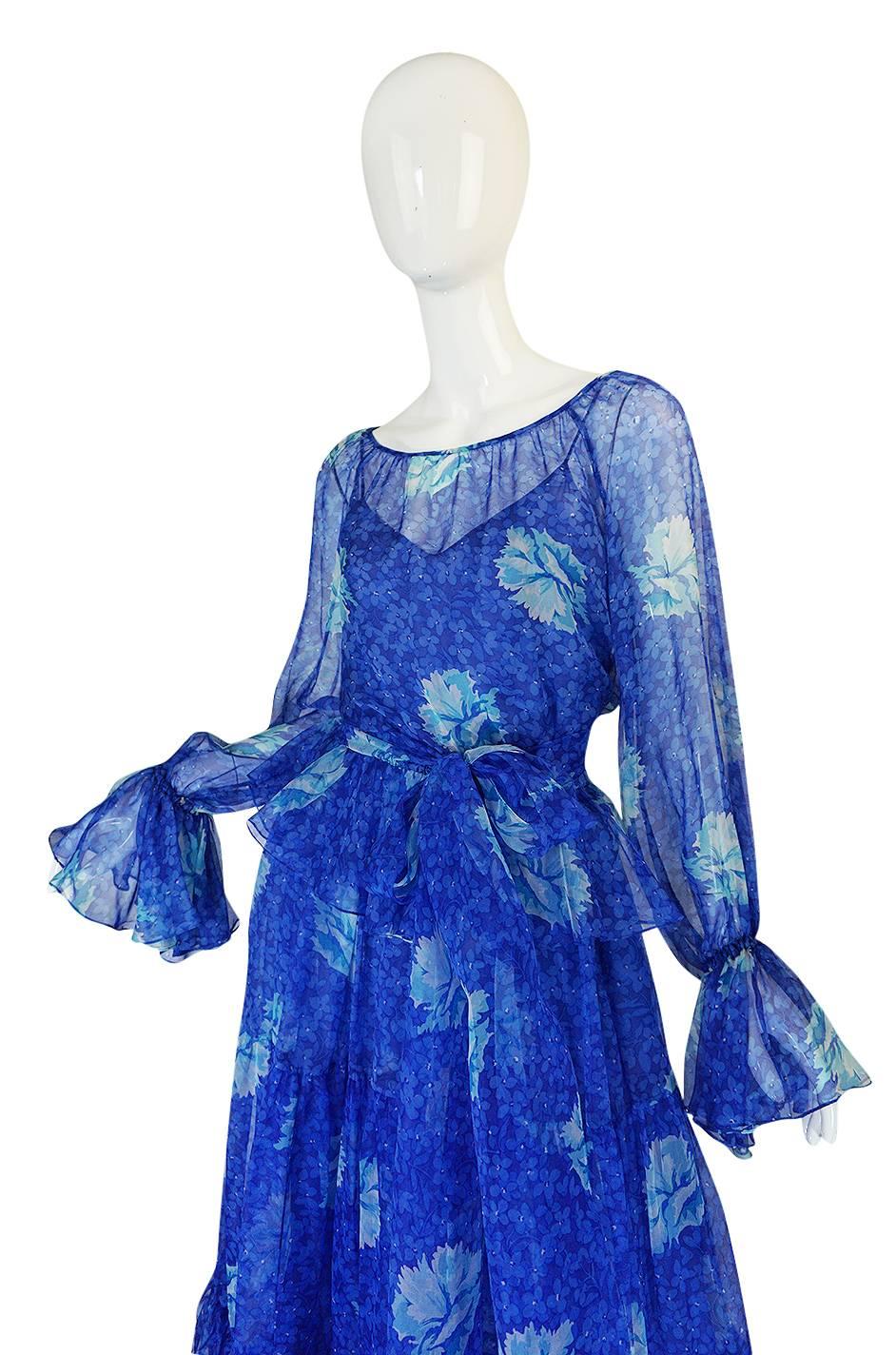 Women's 1970s Blue Tiered Floral Silk Chiffon Oscar de la Renta Dress
