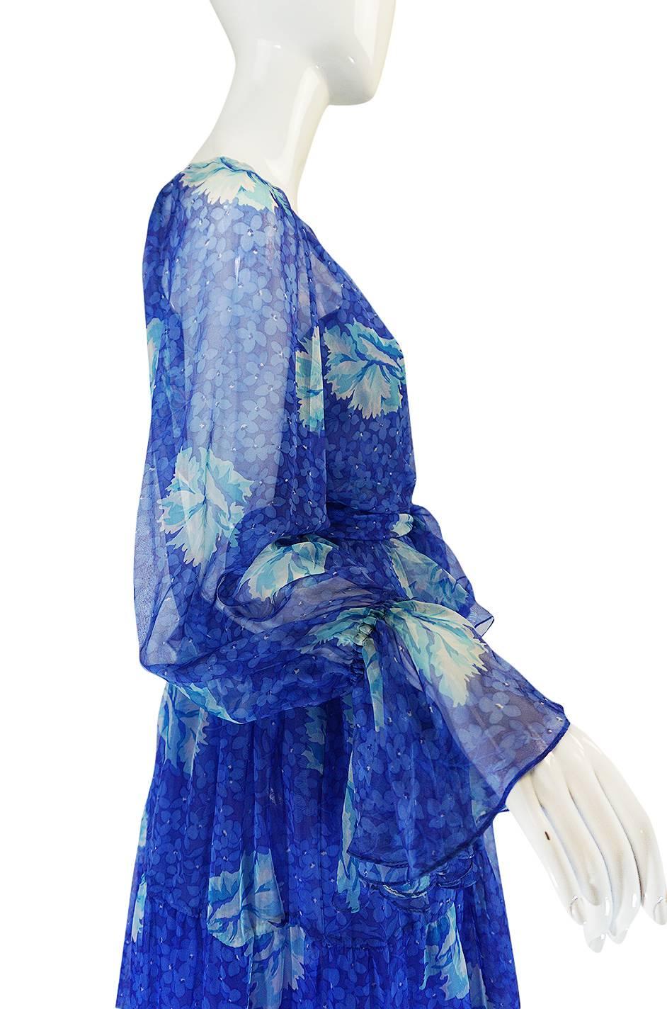 1970s Blue Tiered Floral Silk Chiffon Oscar de la Renta Dress 1