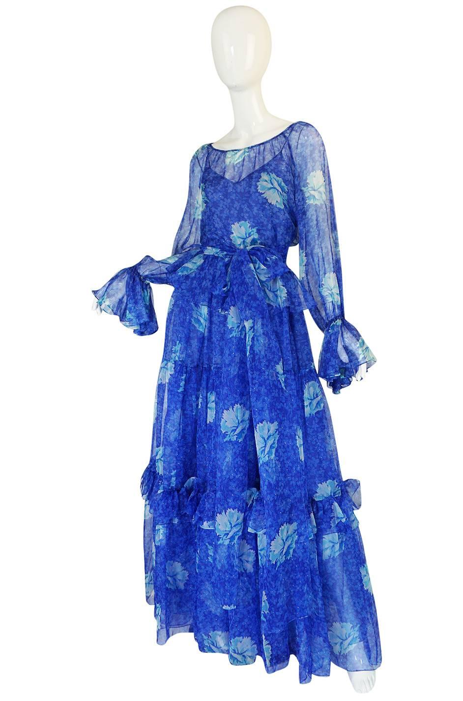 1970s Blue Tiered Floral Silk Chiffon Oscar de la Renta Dress 2
