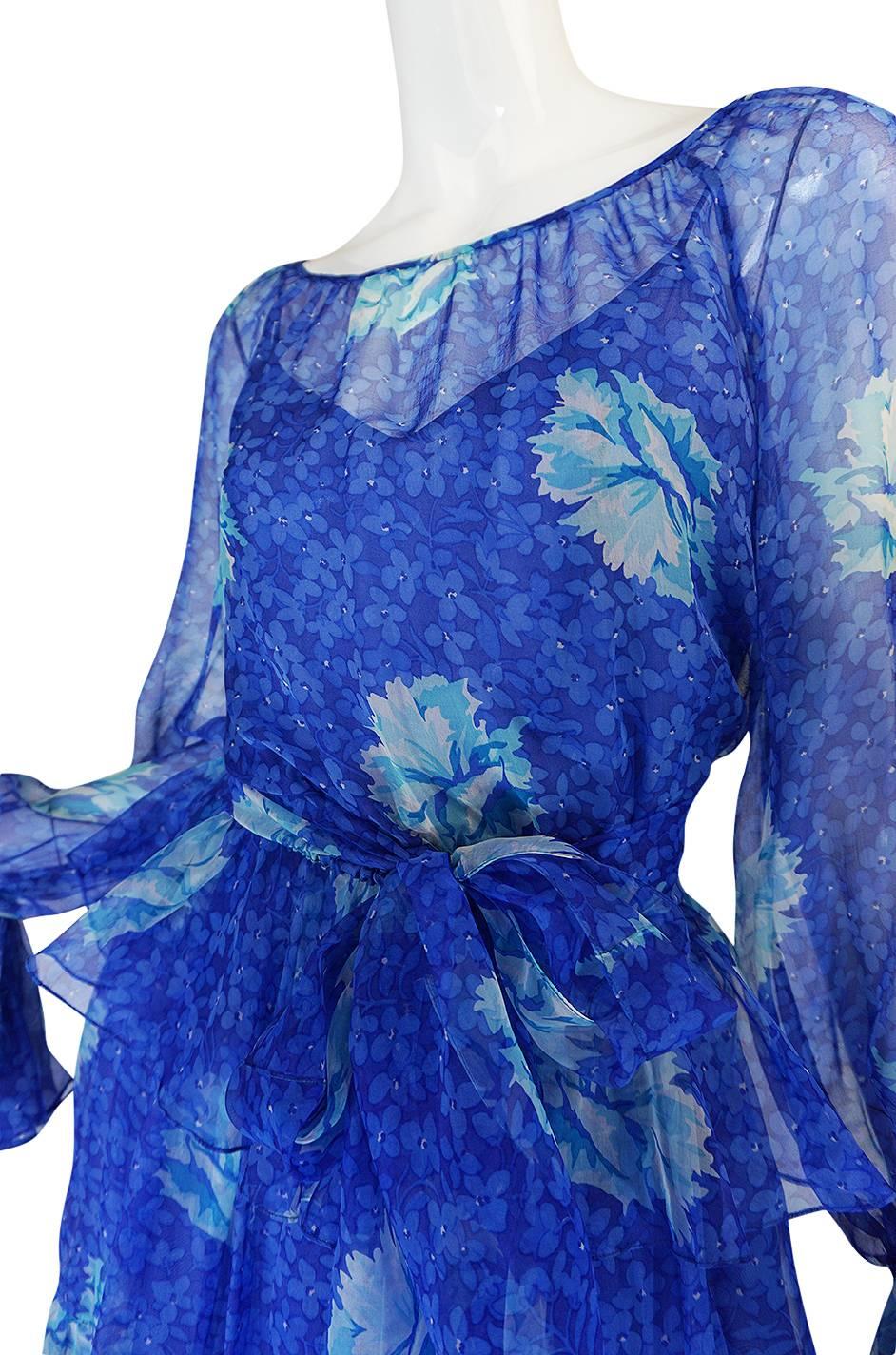 1970s Blue Tiered Floral Silk Chiffon Oscar de la Renta Dress 4