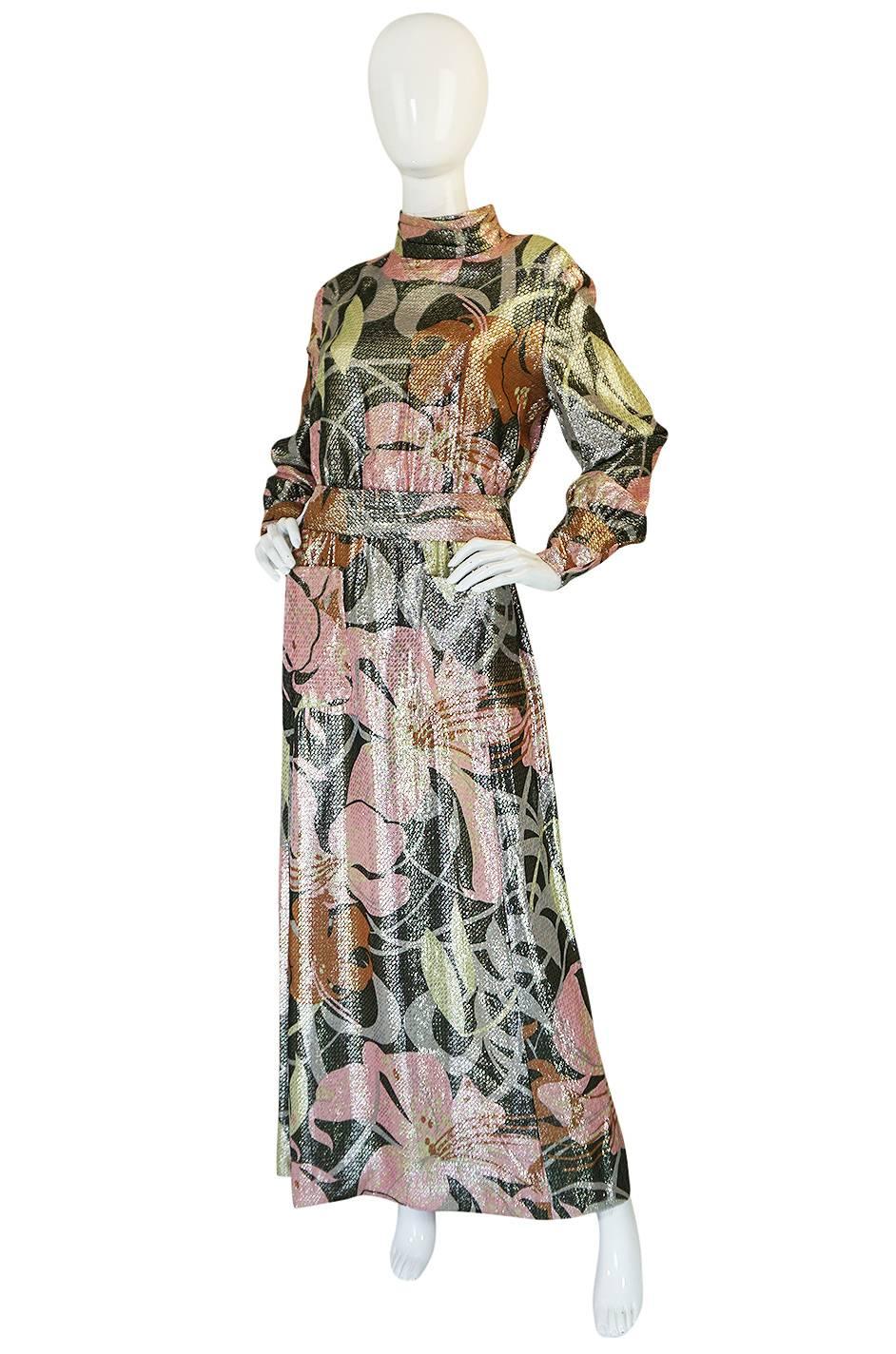 Brown 1970s Harry Levine Pink Print Lurex Lame Pocket Dress