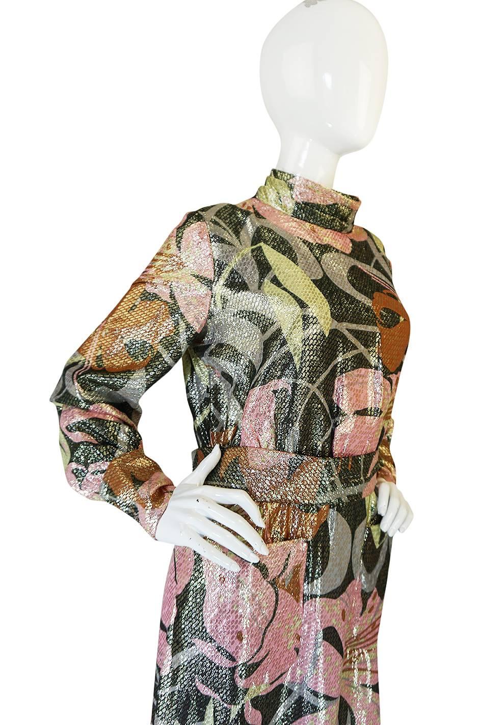 Women's 1970s Harry Levine Pink Print Lurex Lame Pocket Dress