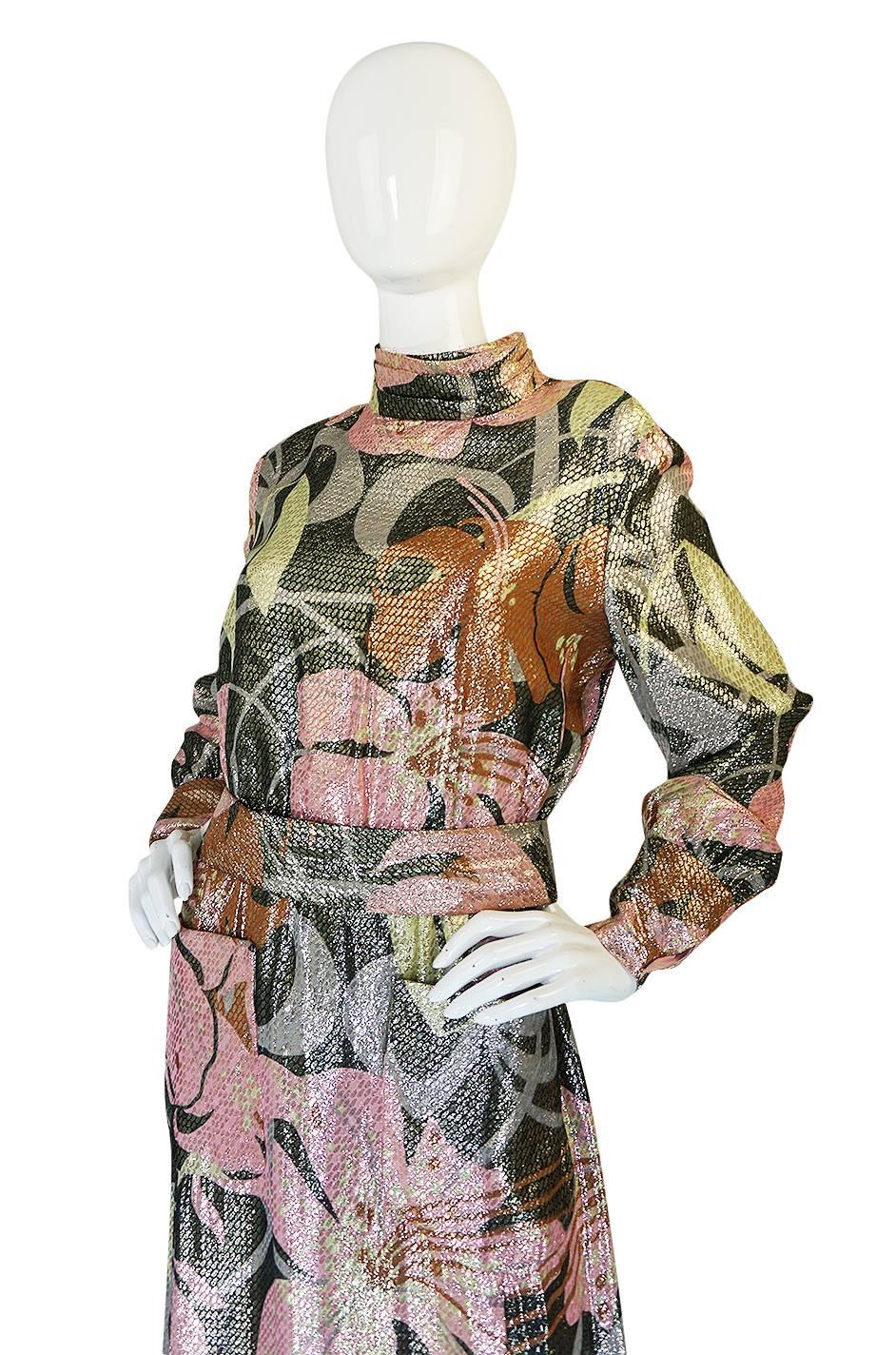1970s Harry Levine Pink Print Lurex Lame Pocket Dress 1