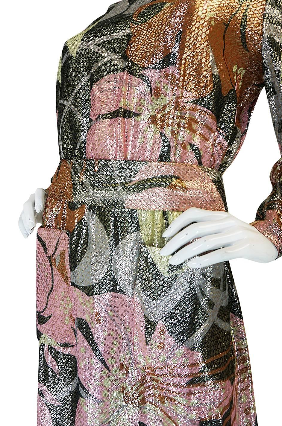 1970s Harry Levine Pink Print Lurex Lame Pocket Dress 2