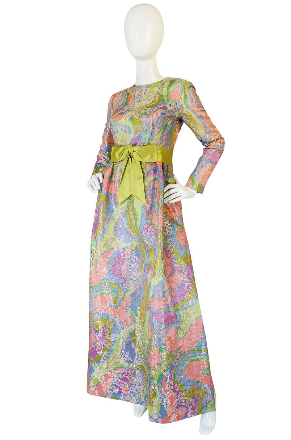 Brown Romantic 1960s Sarmi Pink Pastel Silk Brocade Hostess Dress