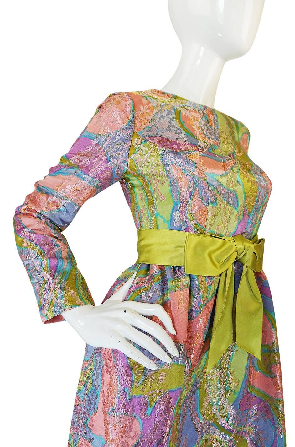 Romantic 1960s Sarmi Pink Pastel Silk Brocade Hostess Dress 2