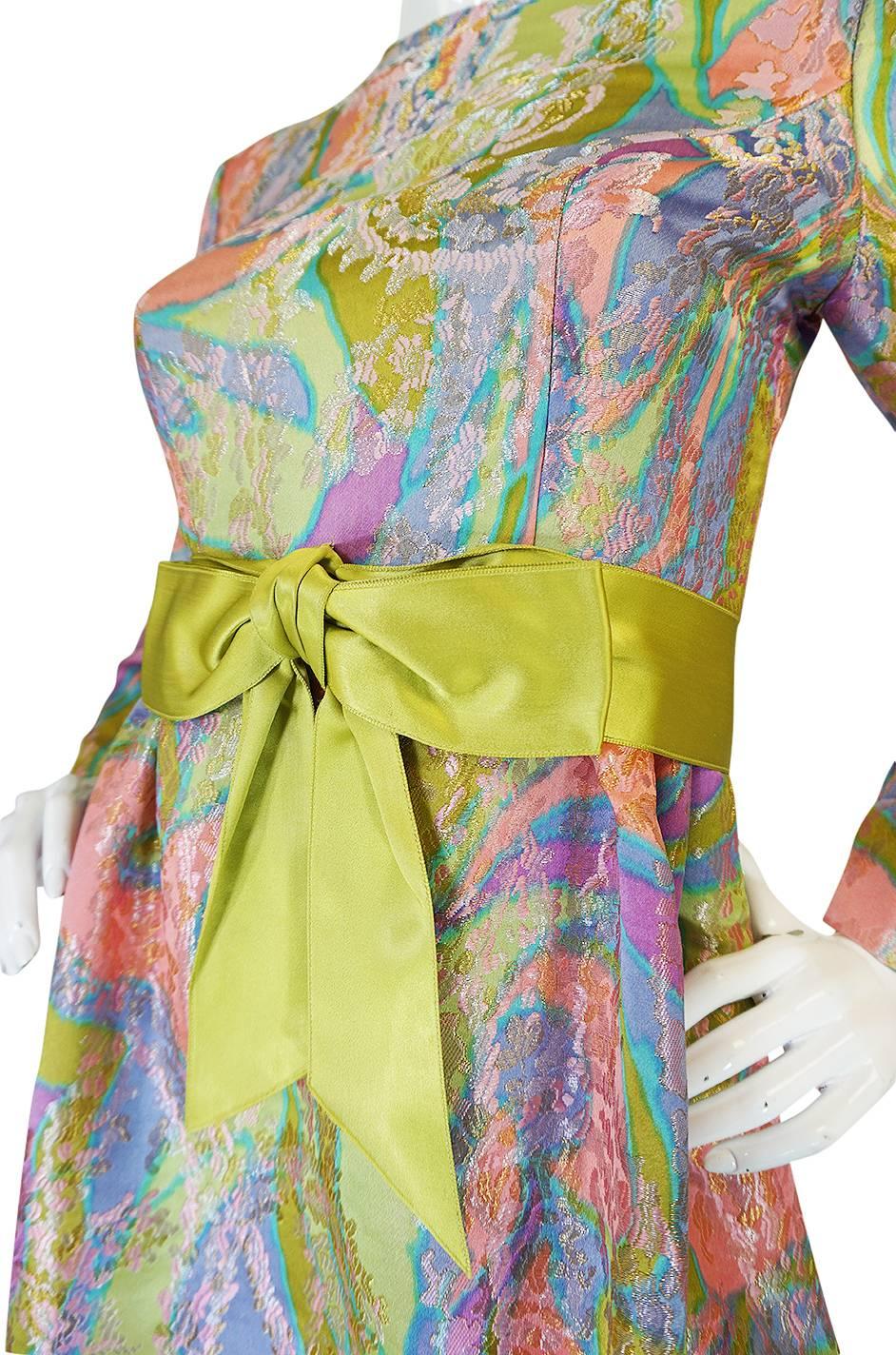 Romantic 1960s Sarmi Pink Pastel Silk Brocade Hostess Dress 1