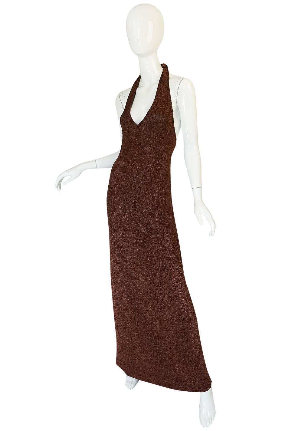 c1973 Copper Lame Lurex Plunging Halter Halston Dress In Excellent Condition In Rockwood, ON