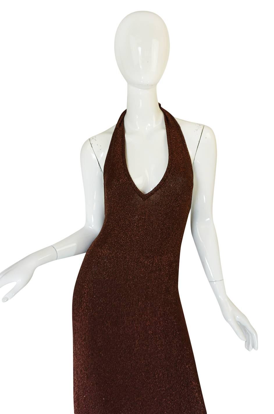 Women's c1973 Copper Lame Lurex Plunging Halter Halston Dress