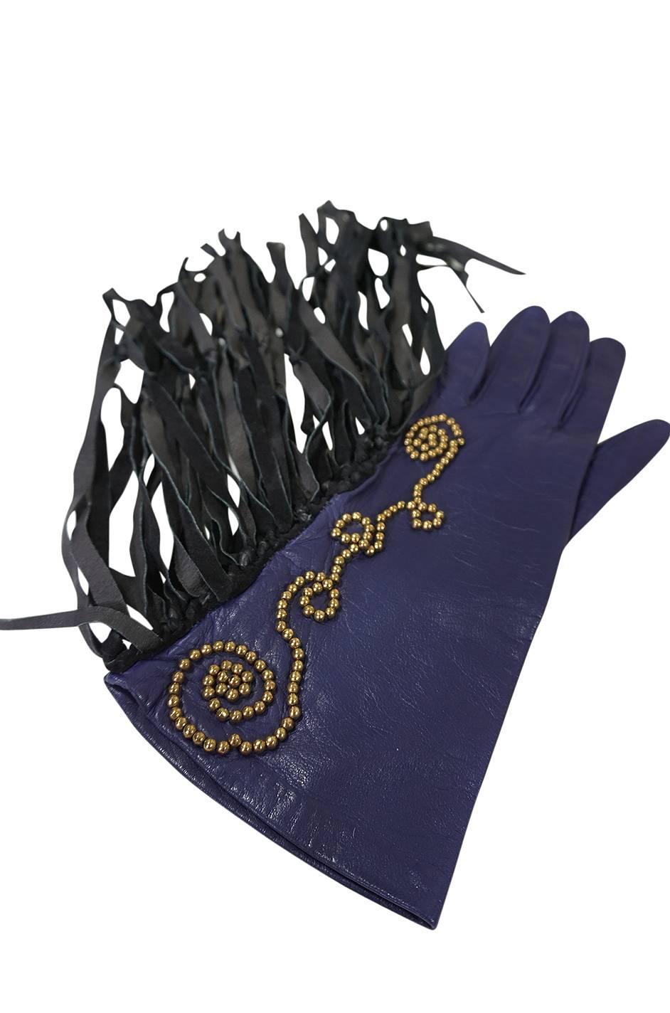 Black Vintage Claude Montana attr. Studded Fringe Leather Gloves