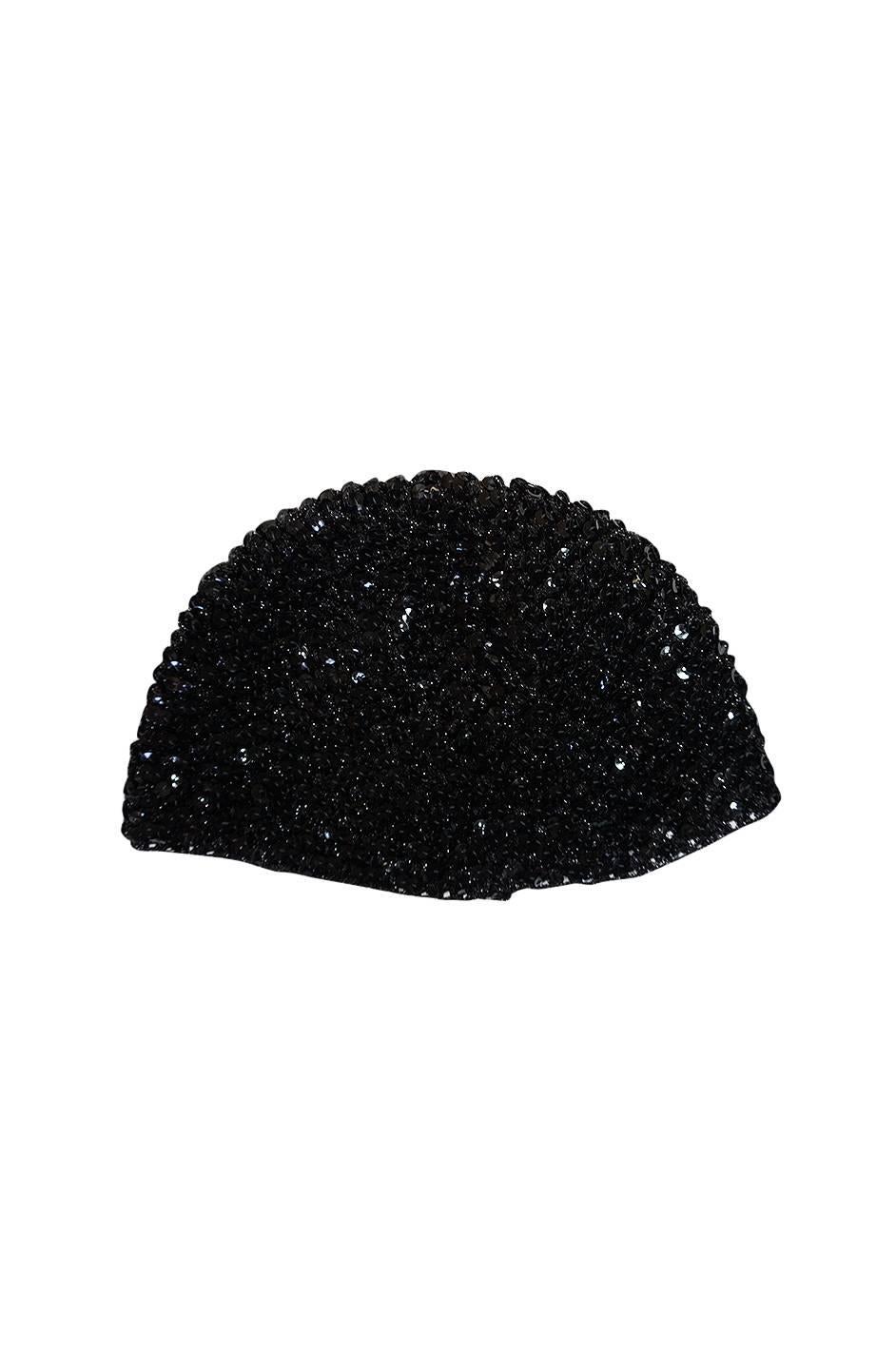 Rare 1970s Halston Glossy Black Sequin Skull Cap Cloche In Excellent Condition In Rockwood, ON