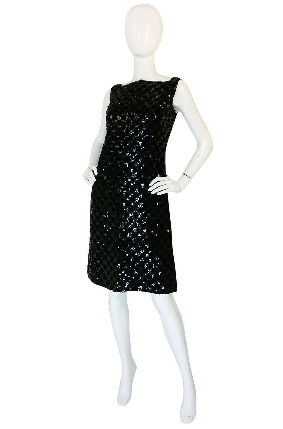 1960s Sequin & Velvet Checked Black Malcolm Starr Dress In Excellent Condition In Rockwood, ON
