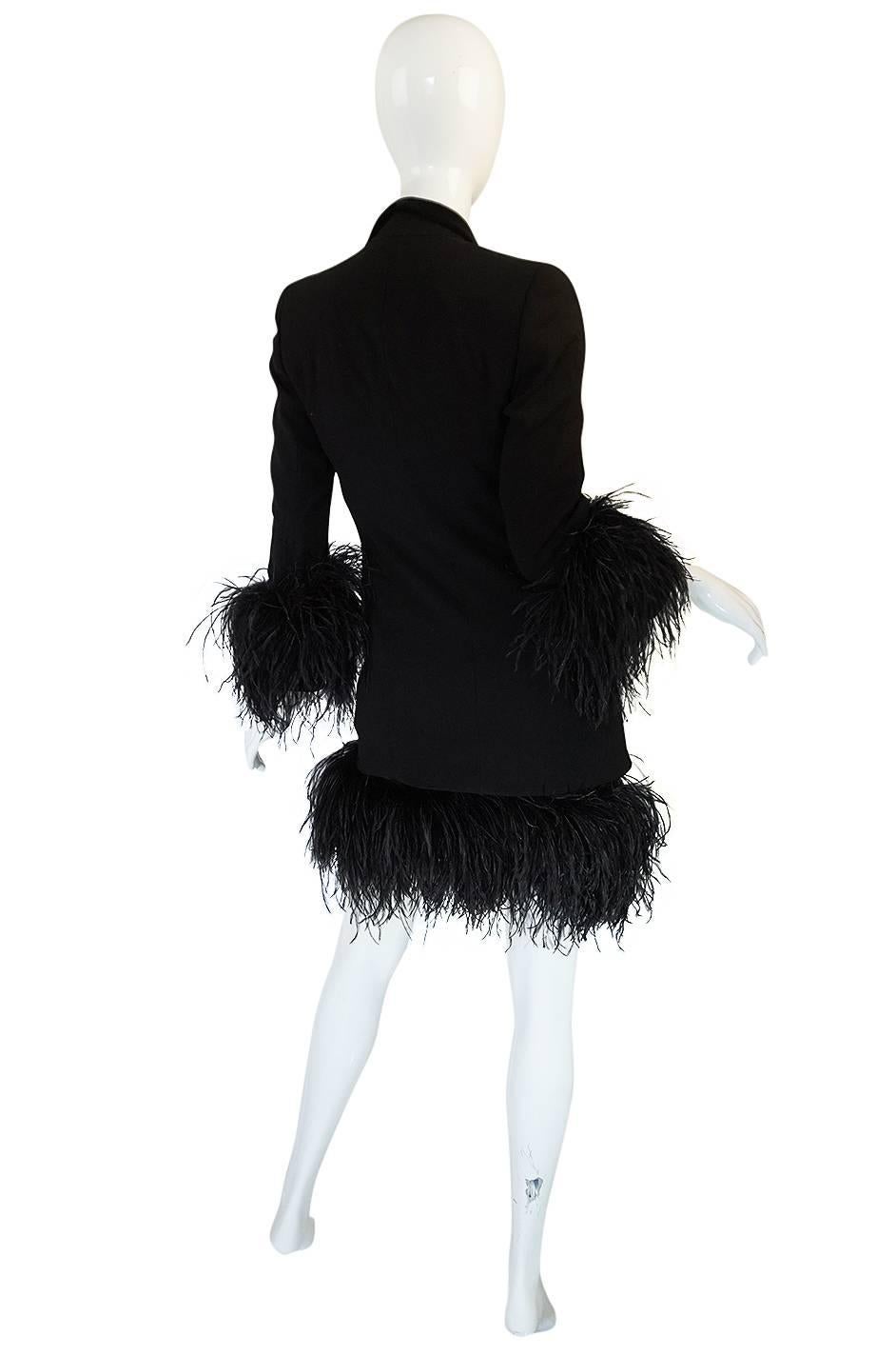 Black 1980s Dramatic Feathered Louis Feraud Dress and Jacket