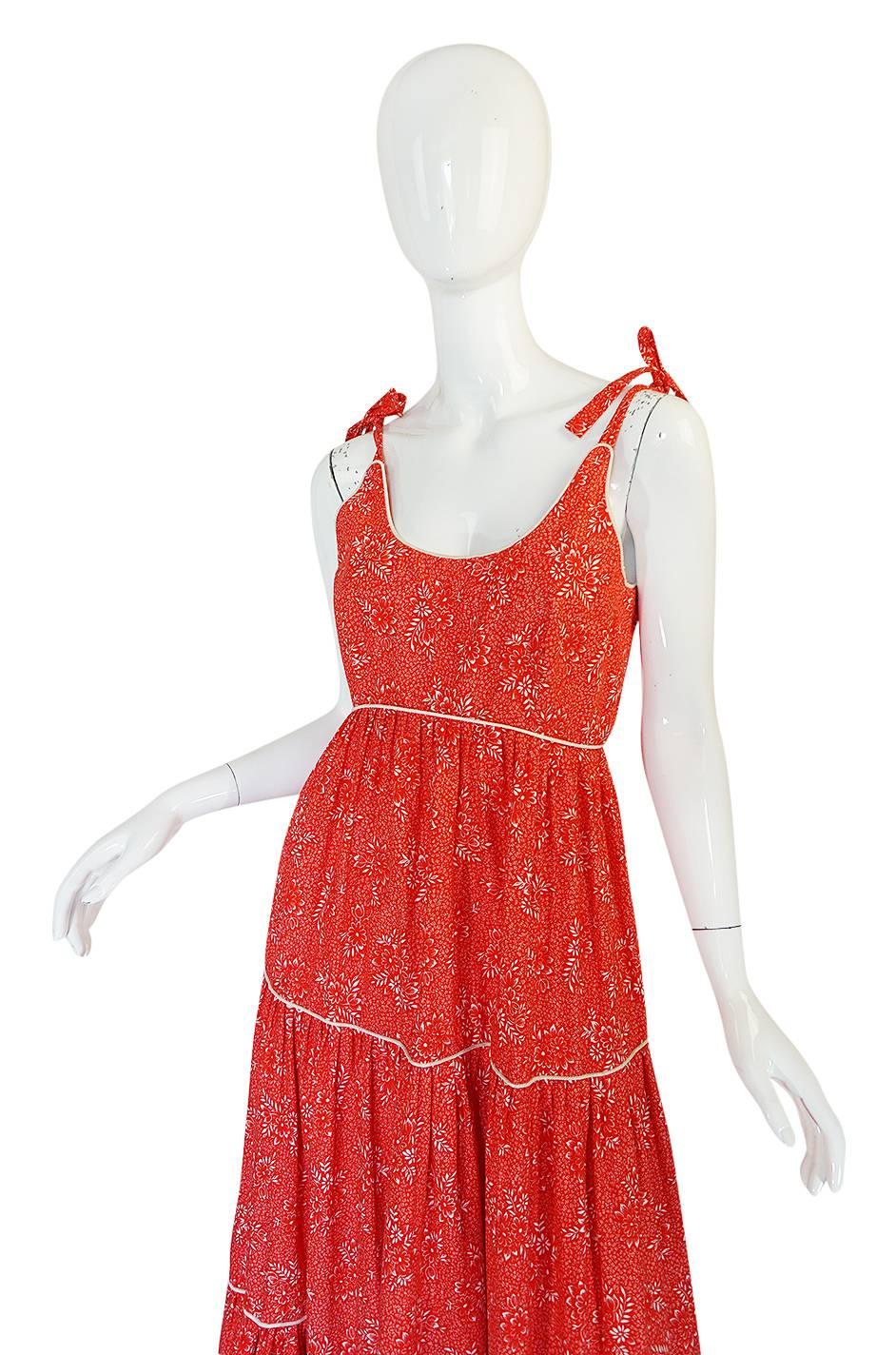 1970s Red Print & Tiered Victor Costa Cotton Dress 1