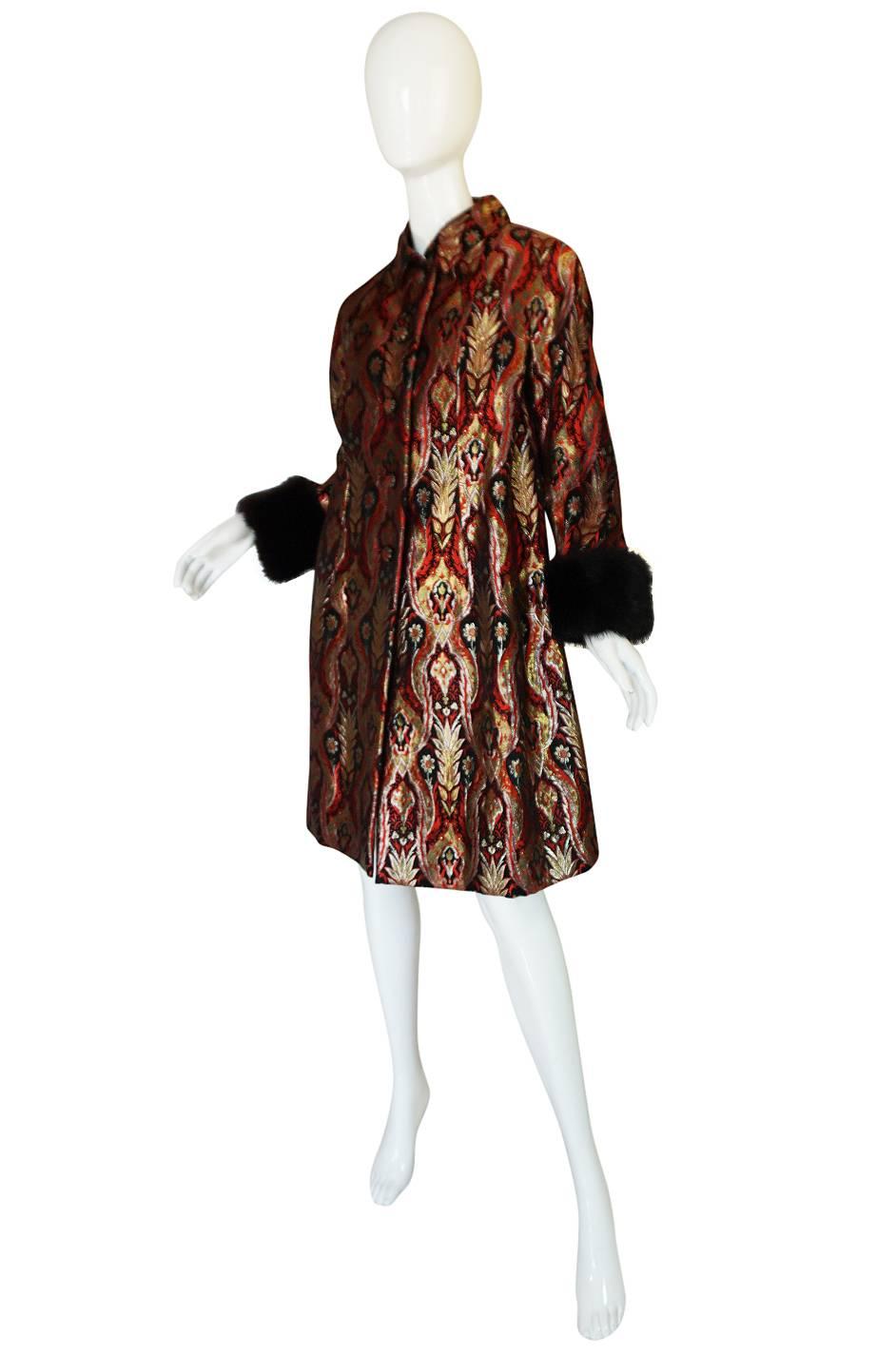 Spectacular 1960s Gold & Red Silk Brocade Christian Dior Coat In Excellent Condition In Rockwood, ON