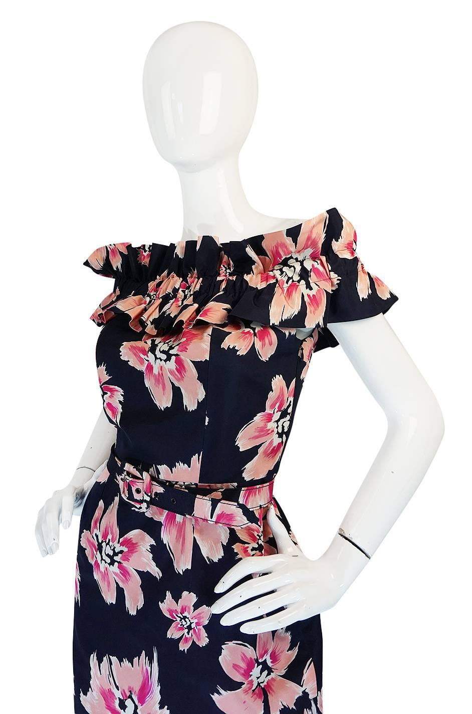 Beige 1980s Christian Dior Off Shoulder Floral Print Dress