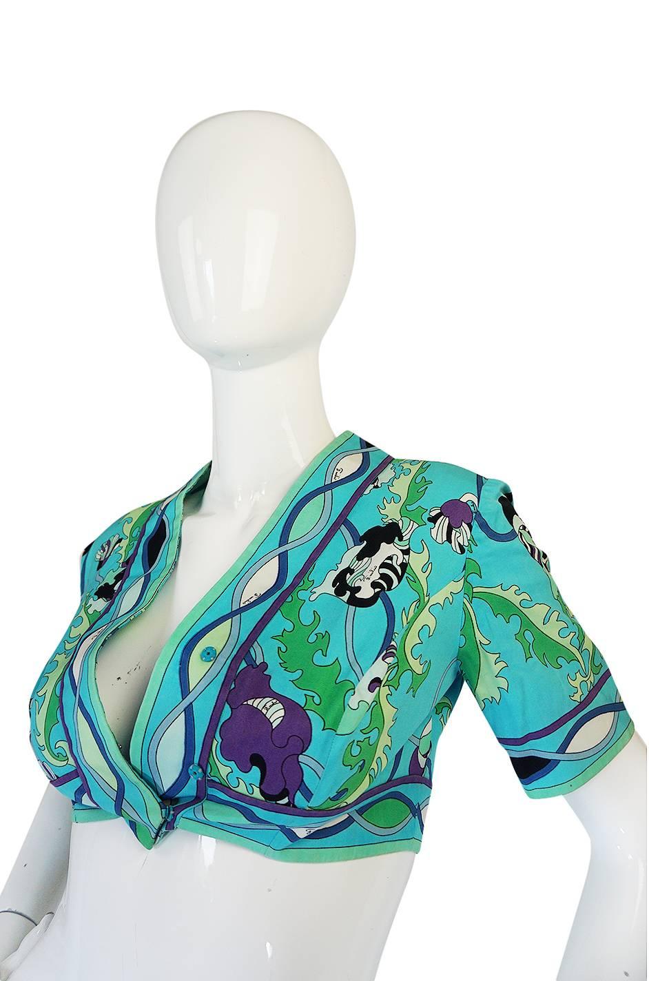 1960s Turquoise Print Cotton Emilio Pucci Cropped Top In Excellent Condition In Rockwood, ON