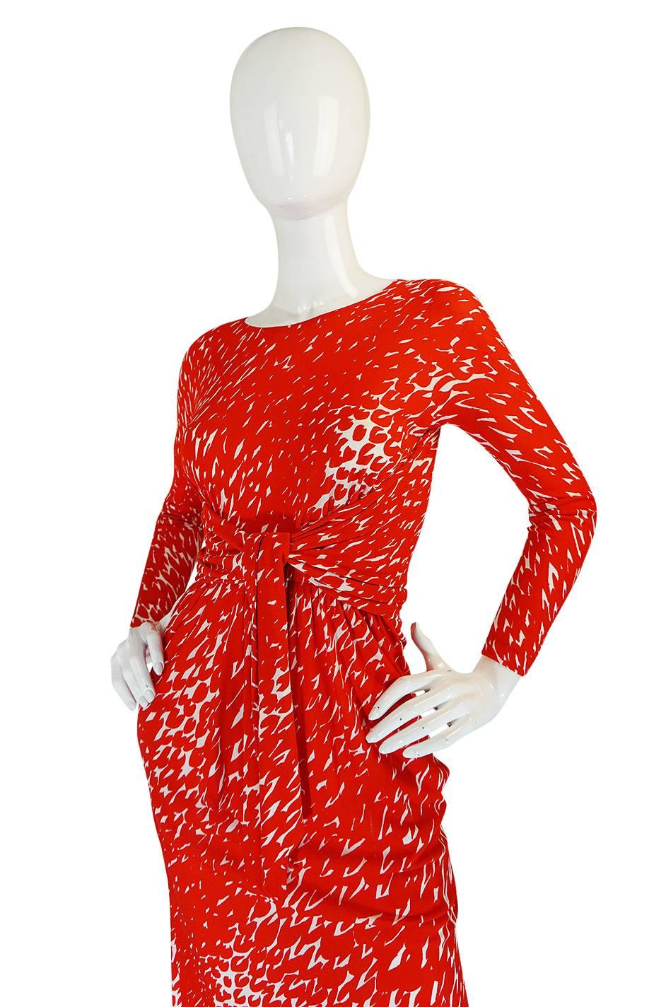 Museum Held 1975 Halston Print Jersey Front Wrap Dress In Excellent Condition In Rockwood, ON