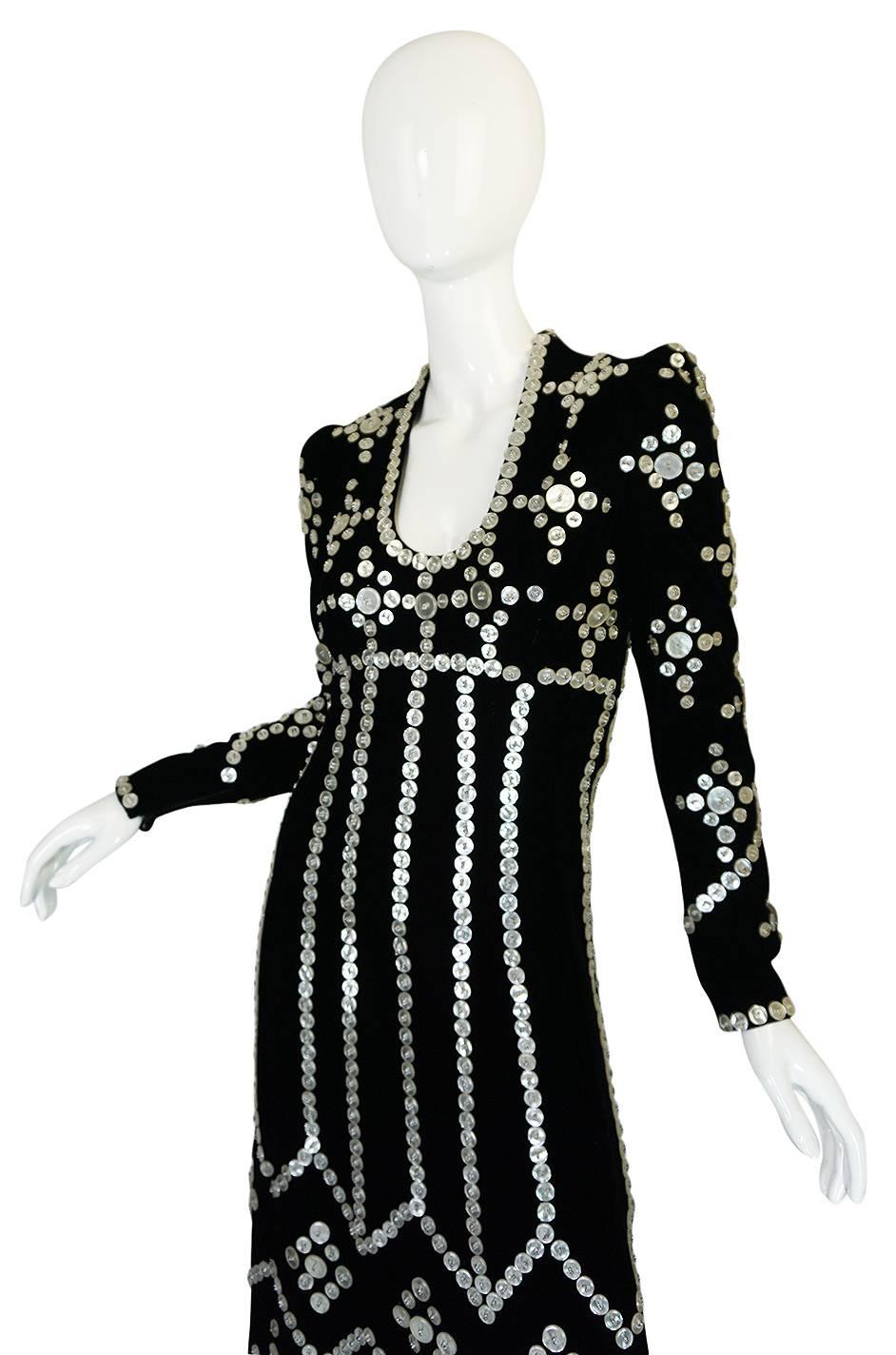 Remarkable 1960s Velvet & MOP Button Covered Dress 1