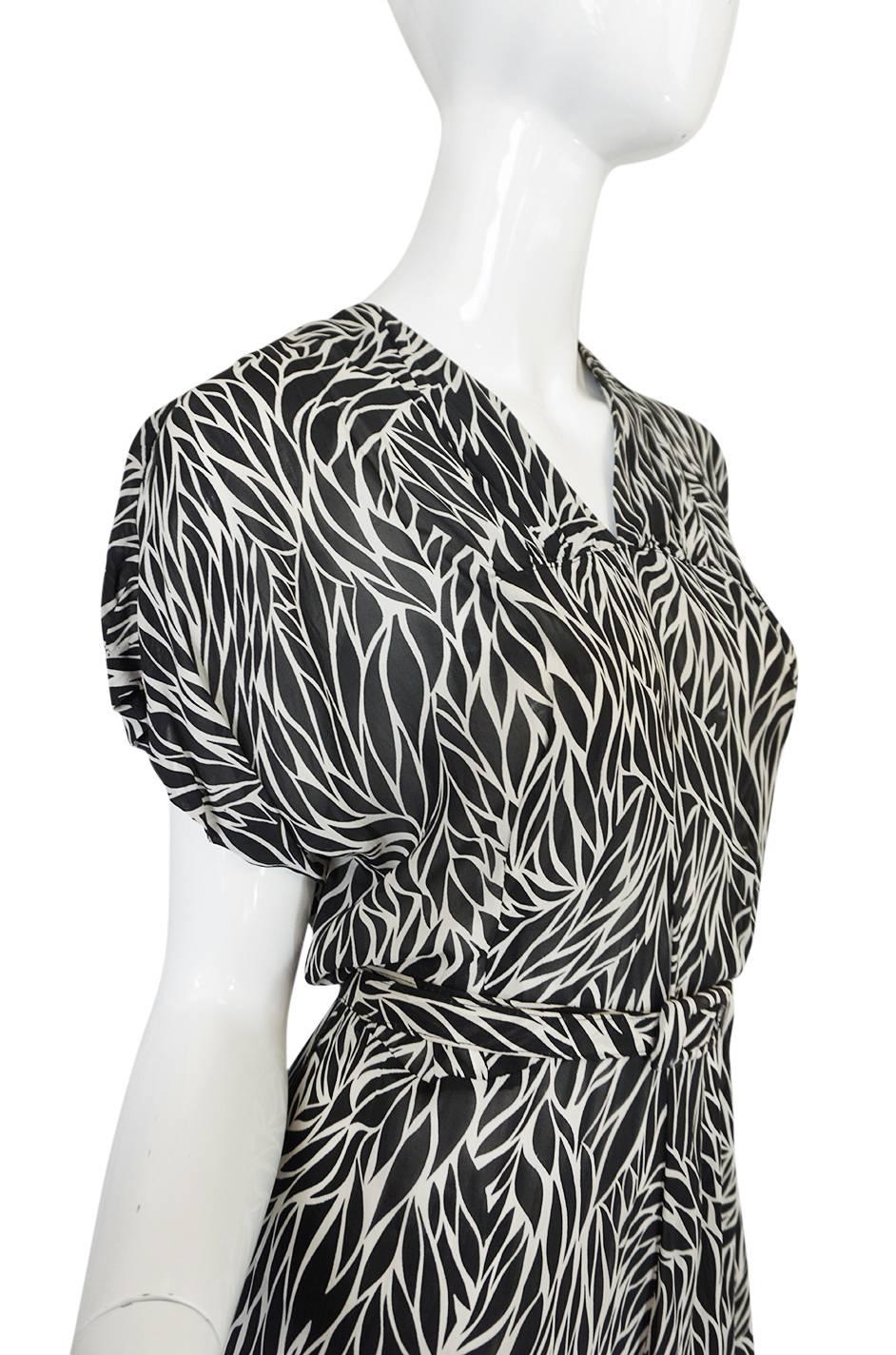 1940s Black & White Graphic Print Silk Chiffon Dress 1