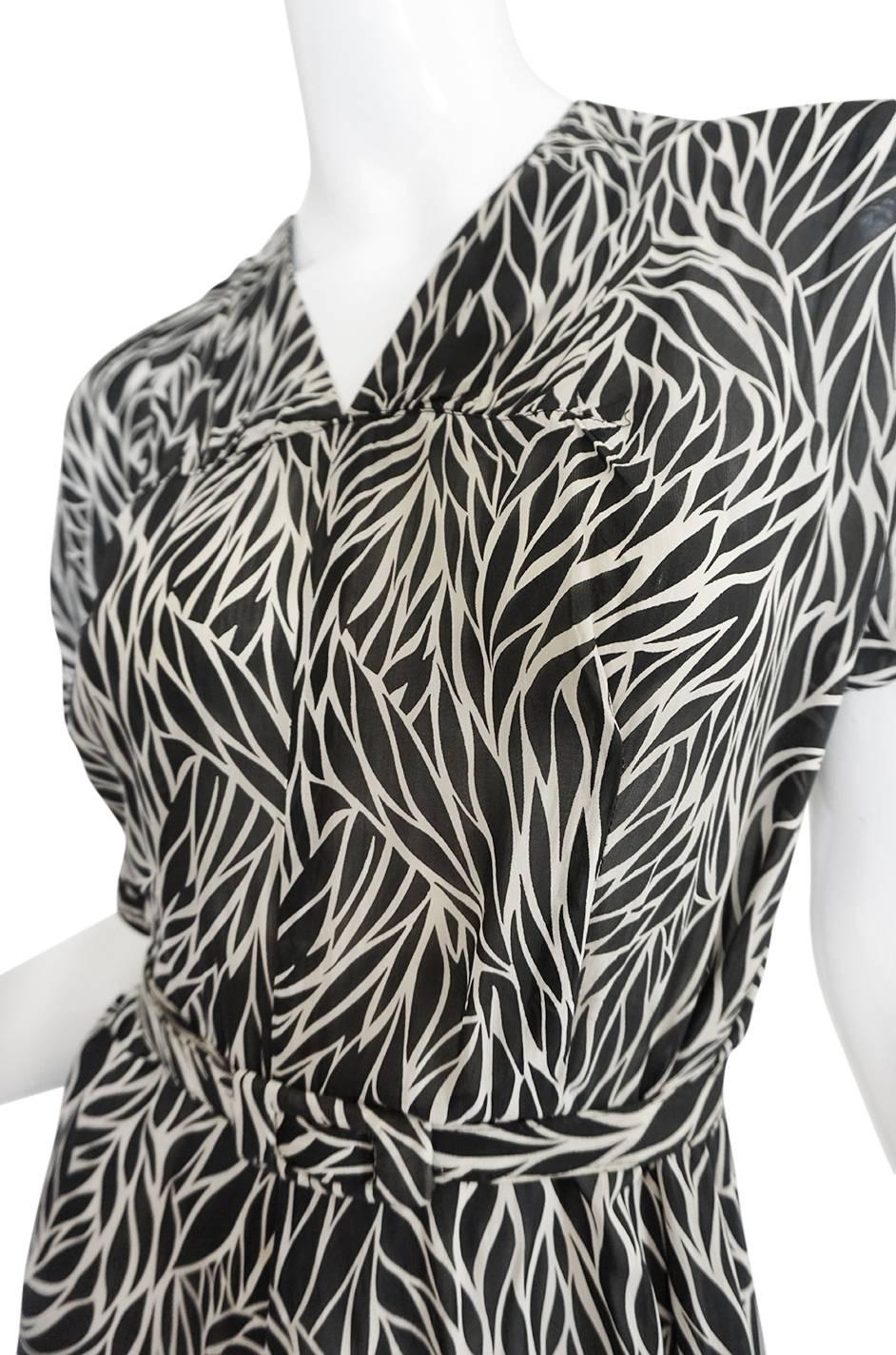 1940s Black & White Graphic Print Silk Chiffon Dress 3