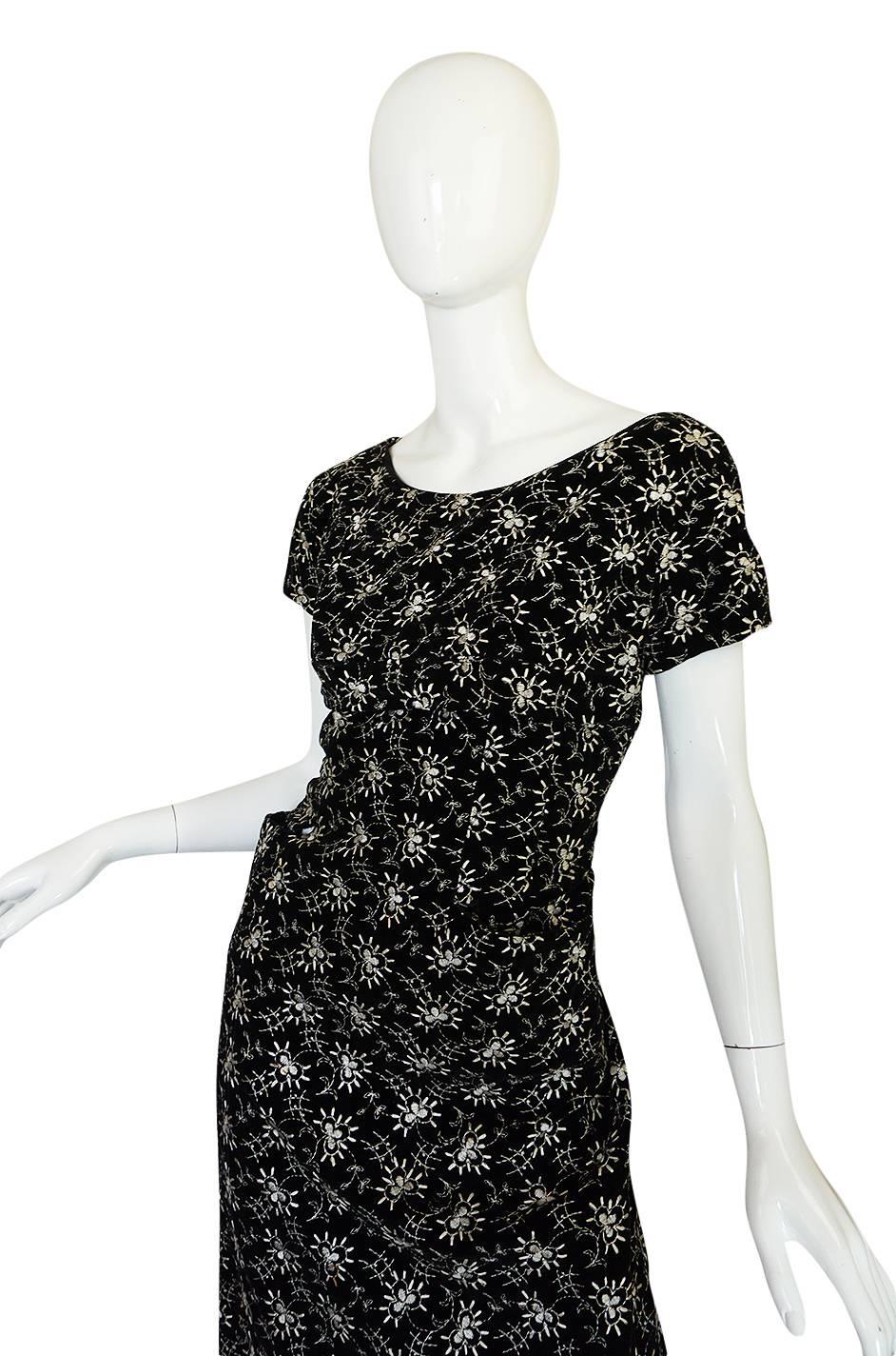Late 1940s Hand Embroidered Black Velvet Fitted Dress 2