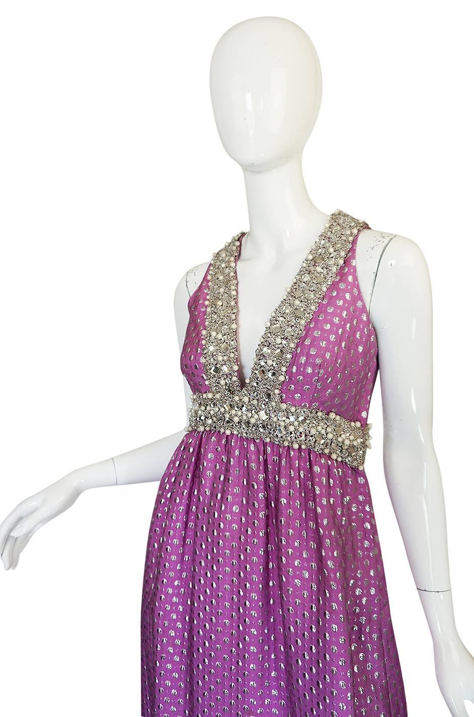 c1965-69 Lavender & Silver Beaded Oscar de la Renta Dress In Excellent Condition In Rockwood, ON