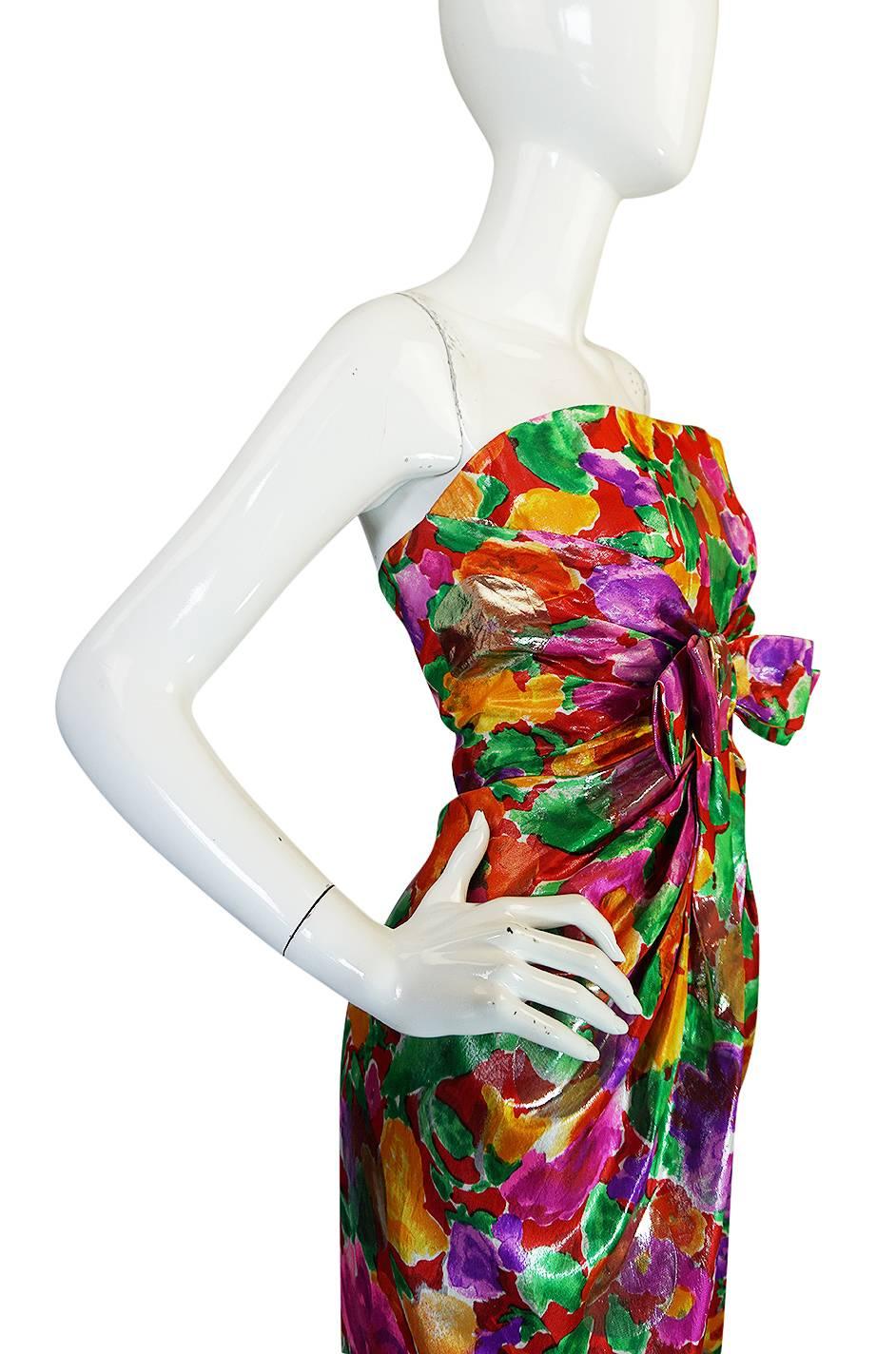 1980s Brilliant Metallic Floral Scaasi Strapless Boutique Dress 1