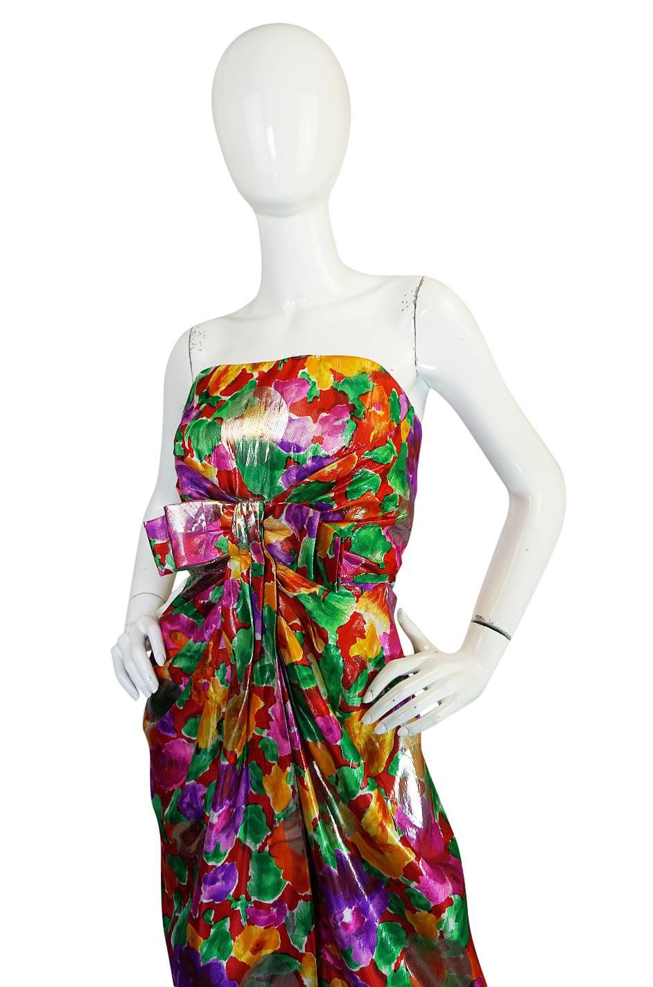 Women's 1980s Brilliant Metallic Floral Scaasi Strapless Boutique Dress
