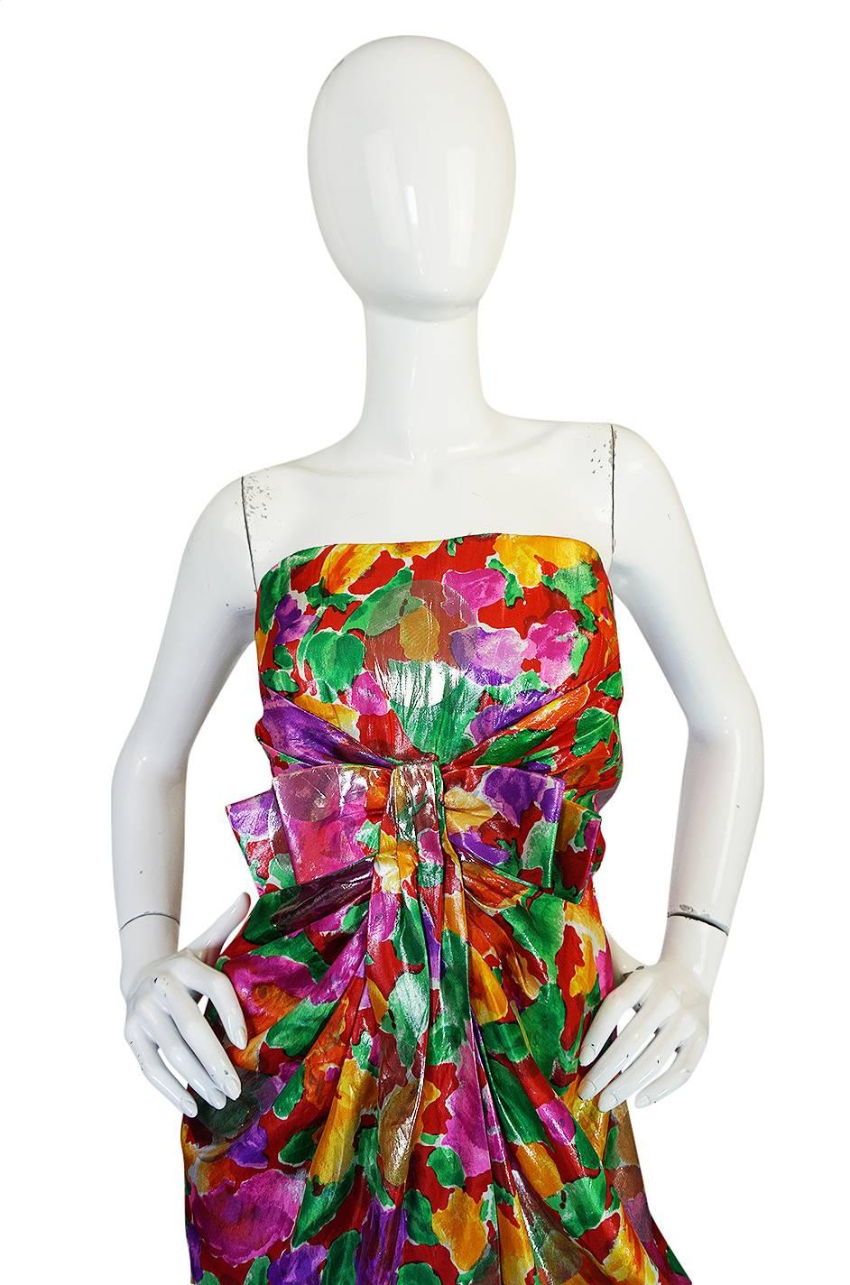 1980s Brilliant Metallic Floral Scaasi Strapless Boutique Dress In Excellent Condition In Rockwood, ON