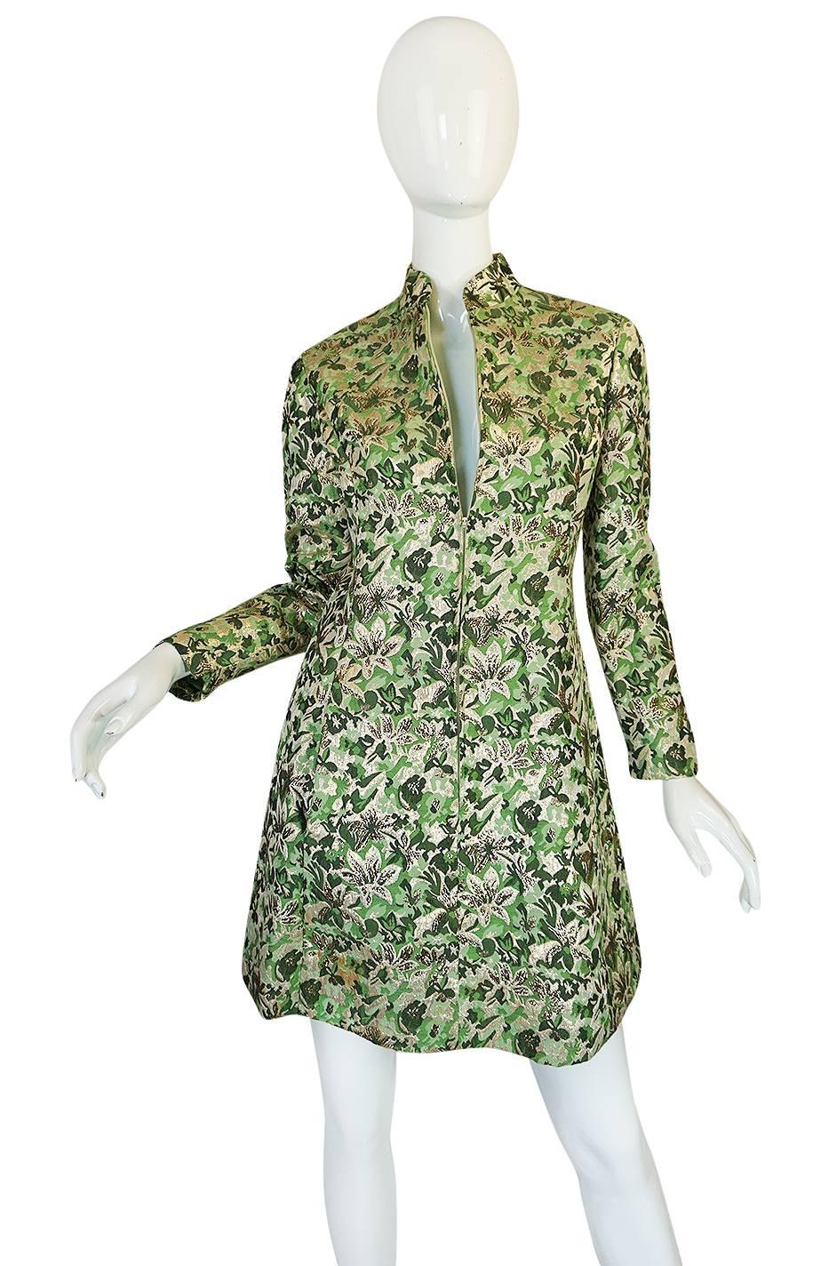 1960s Ceil Chapman Green Metallic Silk Brocade Mini Dress In Excellent Condition In Rockwood, ON