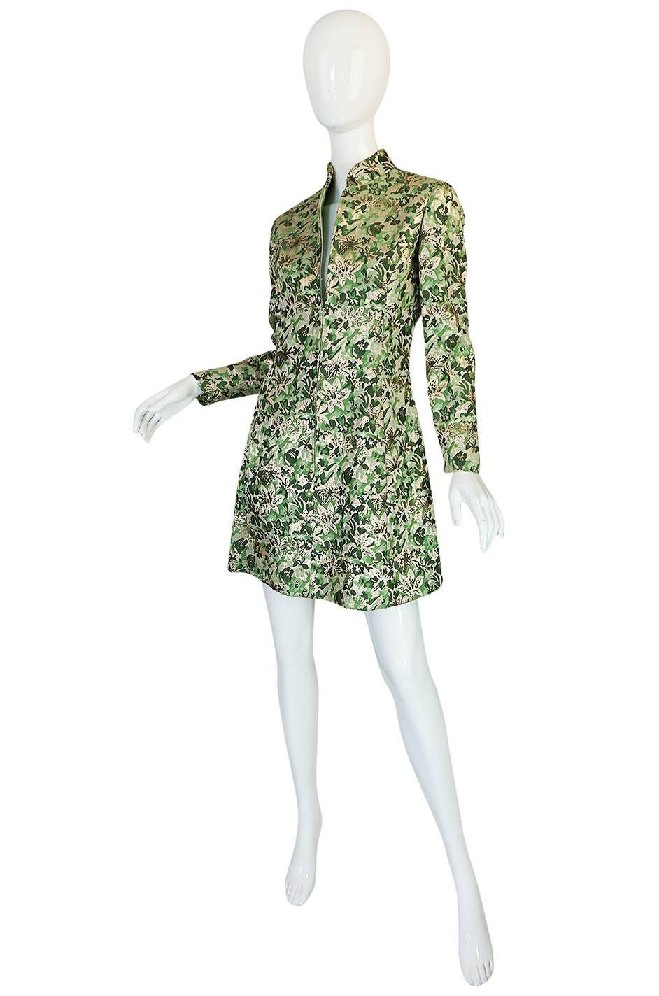 Beige 1960s Ceil Chapman Green Metallic Silk Brocade Mini Dress