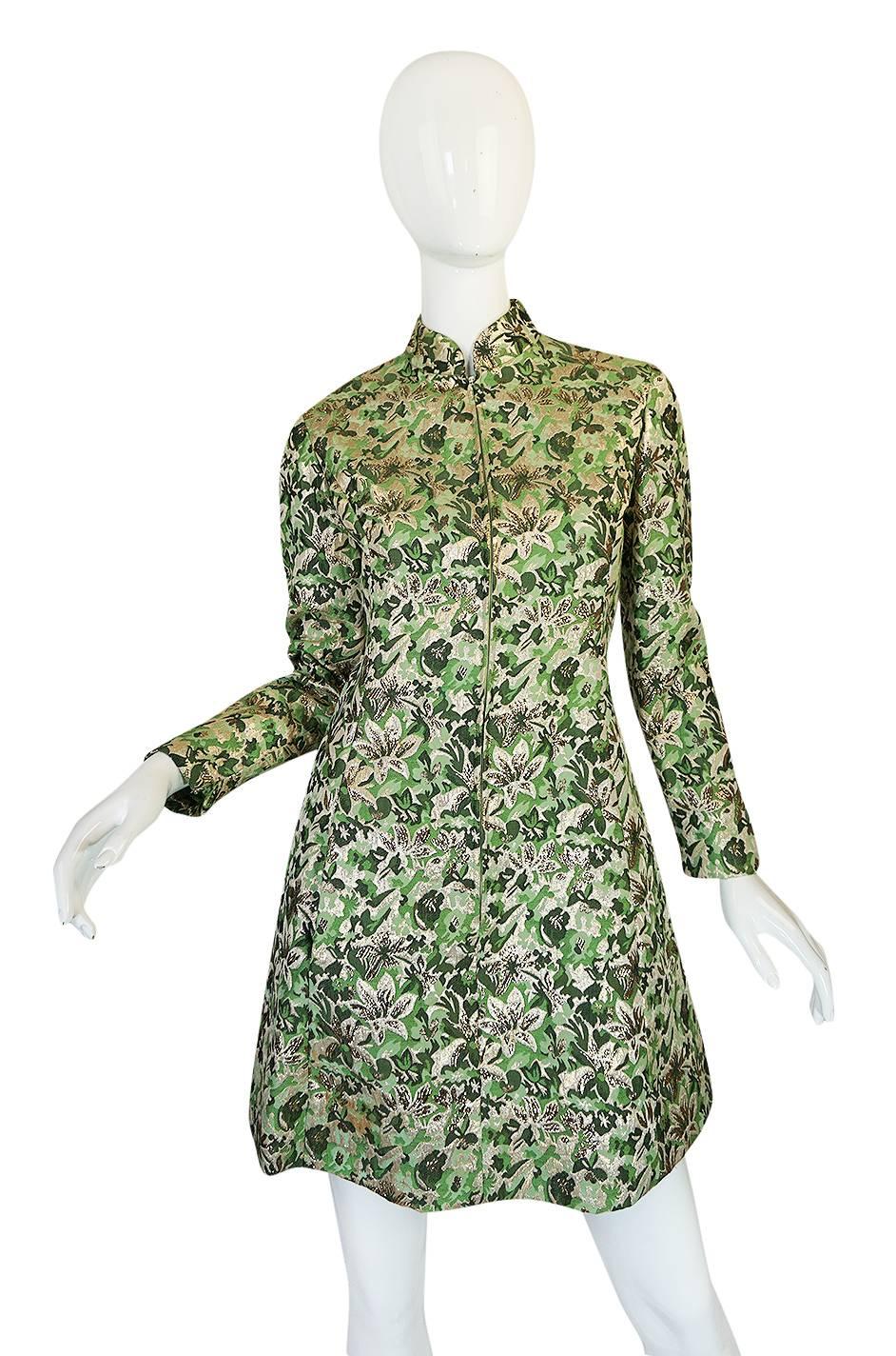 Women's 1960s Ceil Chapman Green Metallic Silk Brocade Mini Dress
