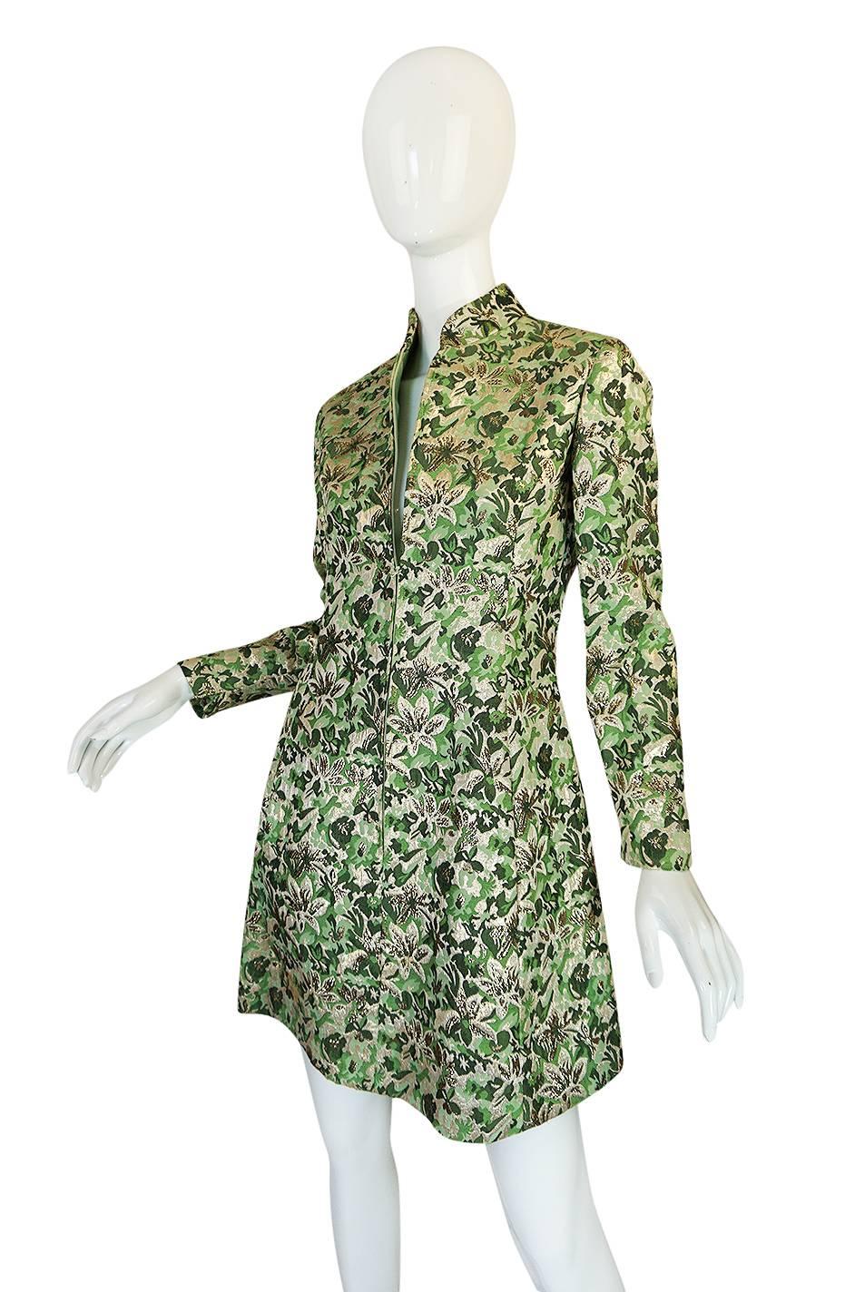 1960s Ceil Chapman Green Metallic Silk Brocade Mini Dress 1