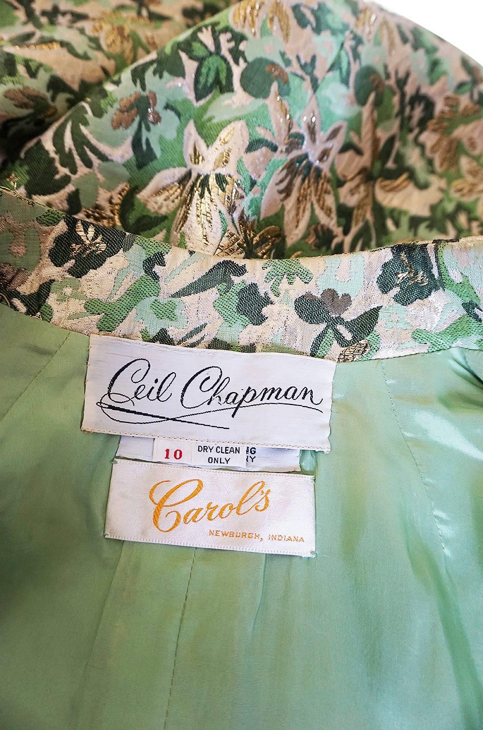 1960s Ceil Chapman Green Metallic Silk Brocade Mini Dress 4