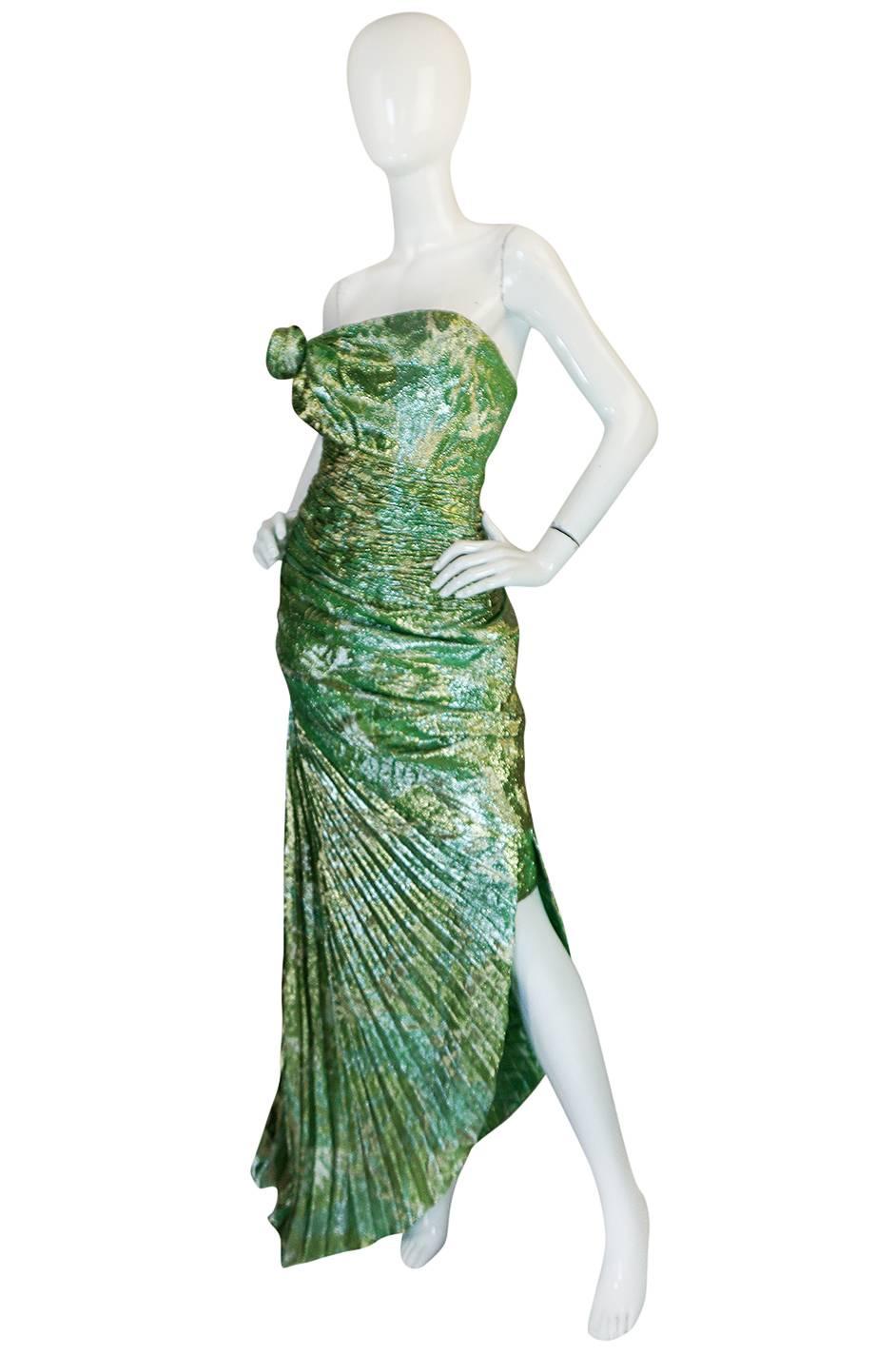 Gray Incredible 1980s Green & Gold Silk Metallic Ungaro Dress